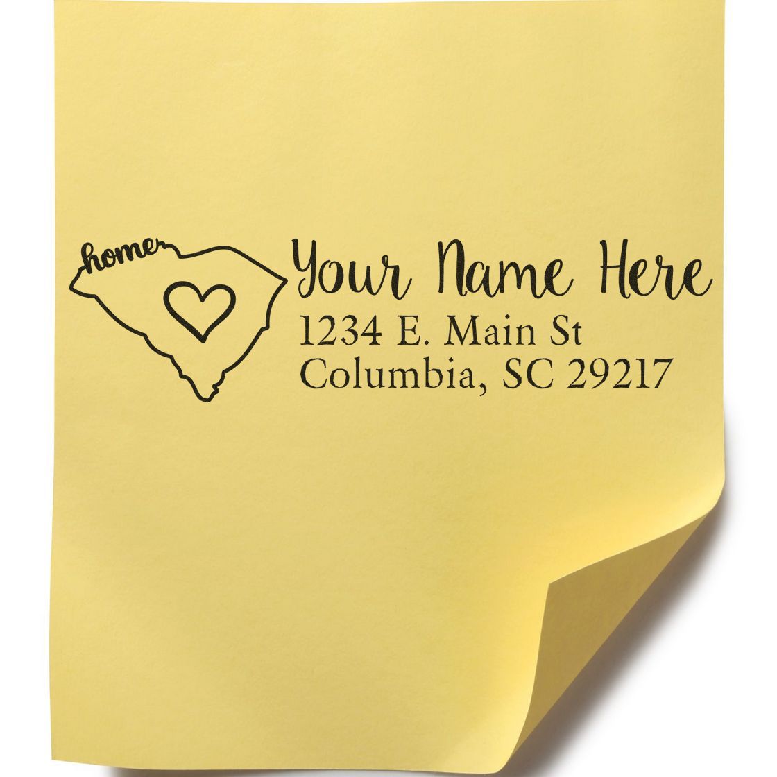 Personalized South Carolina return address rubber stamp with heart design and custom name and Columbia, SC address.