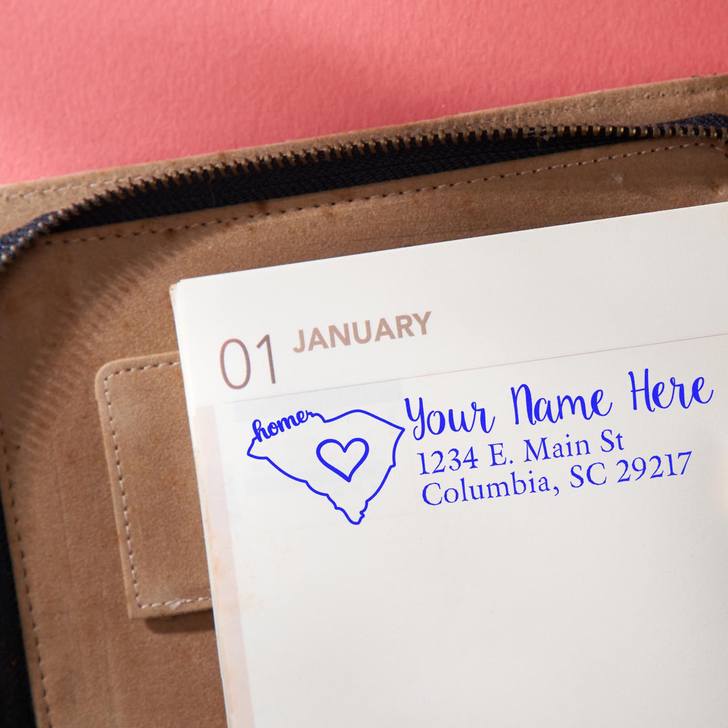 Custom rubber return address stamp with South Carolina outline, personalized name and address for envelopes.