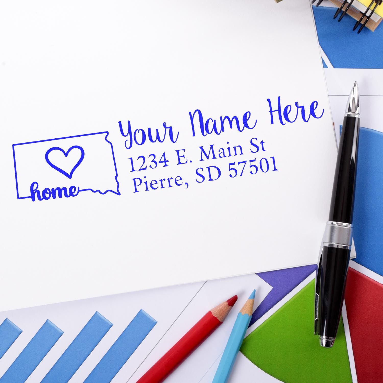 Custom return address rubber stamp with heart home icon, personalized name, and mailing address for envelopes.