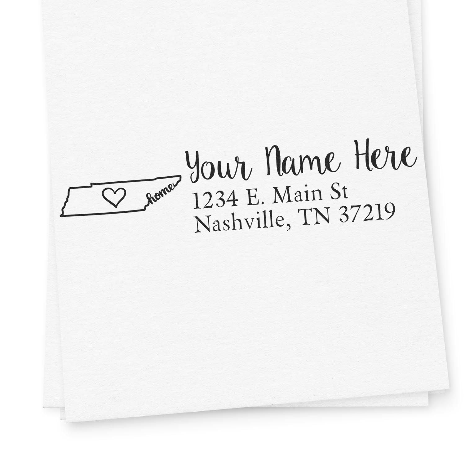 Custom Tennessee return address rubber stamp with state outline, heart, and personalized name, street address, and Nashville, TN ZIP.
