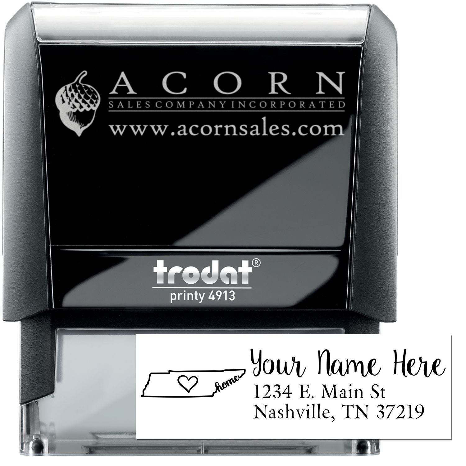 Custom self-inking return address stamp with logo imprint, ideal for business branding and mailing.