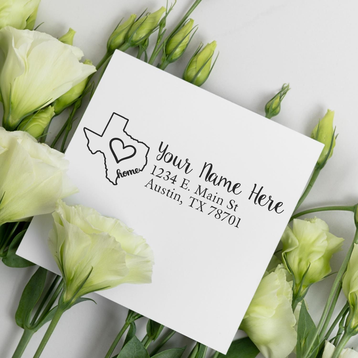 Personalized Texas return address rubber stamp with heart design for custom name and address on wedding invitations or mailings