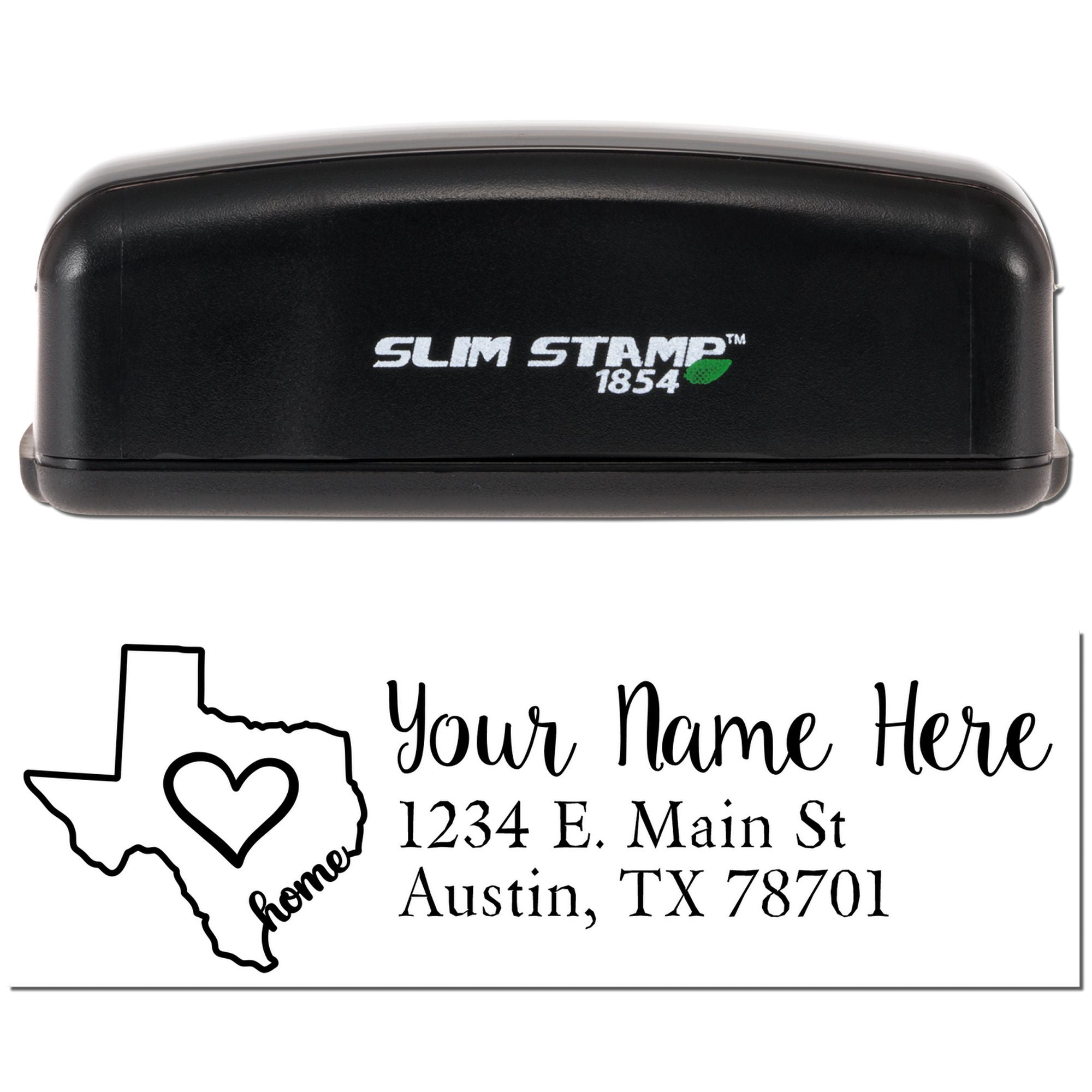 Custom self-inking rubber stamp for a Texas home return address with personalized name, street, and ZIP code design.