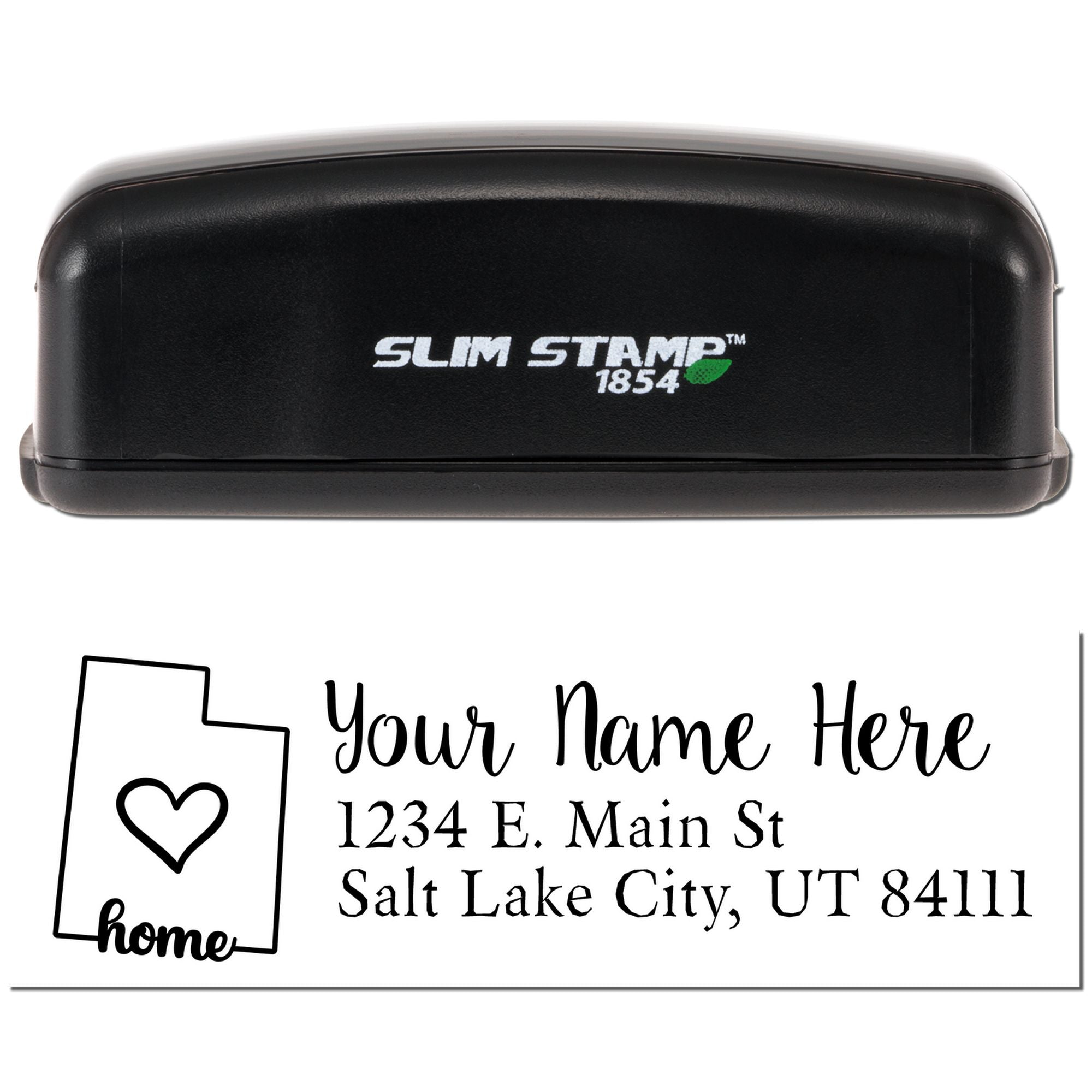 Custom Slim Stamp 1854 self-inking rubber stamp with personalized name and return address design.