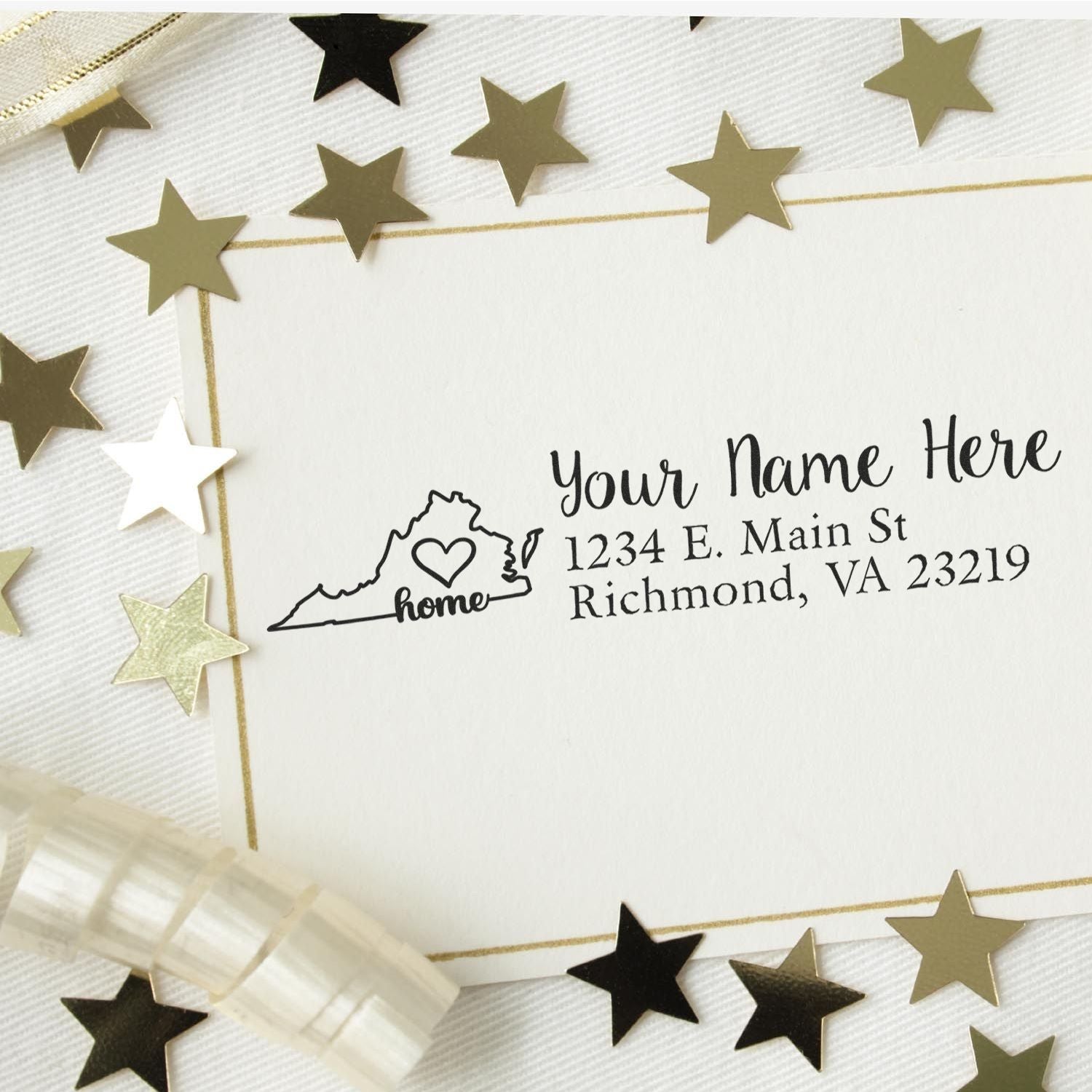 Custom Virginia home address rubber stamp with name, Richmond VA address, and state outline design