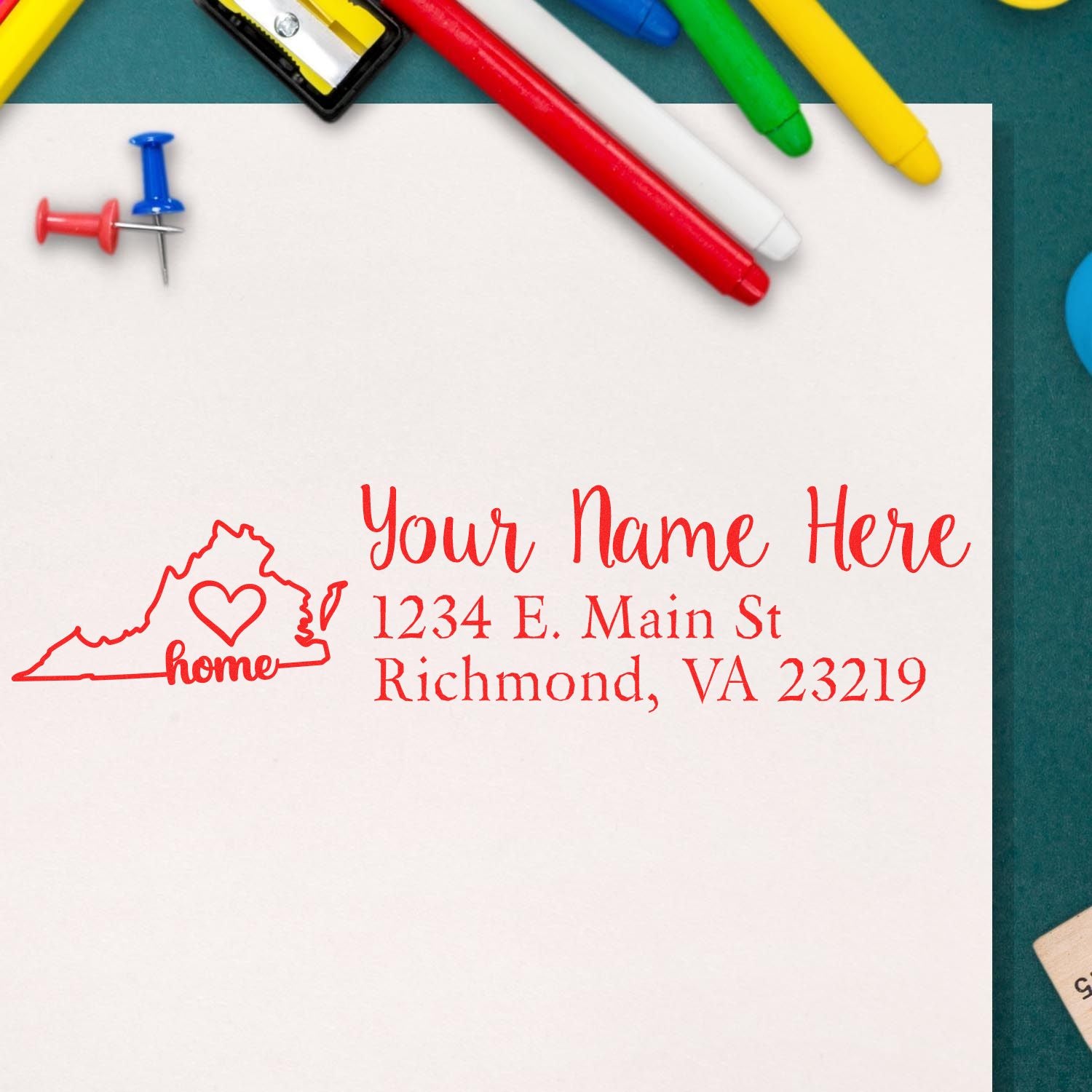 Custom rubber return address stamp with heart and Virginia home outline, personalized with name and Richmond, VA address.