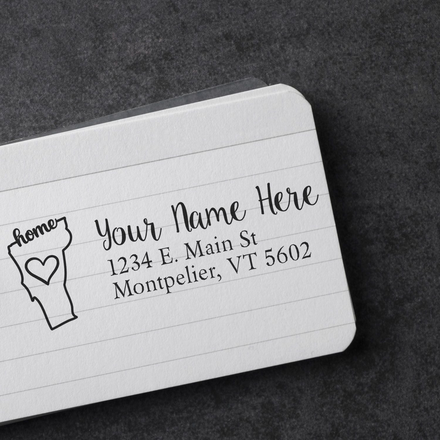 Personalized return address rubber stamp with Vermont outline and heart for custom stationery.