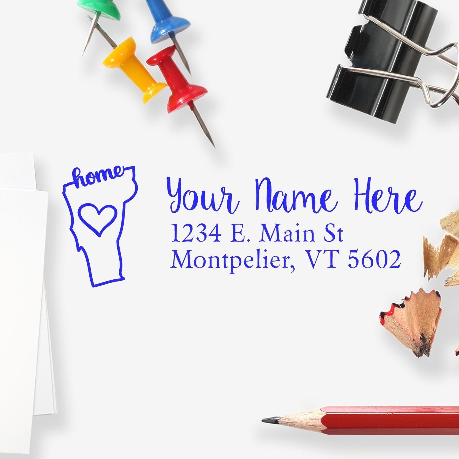 Custom return address rubber stamp with Vermont home icon, personalized name and address design for stationery.