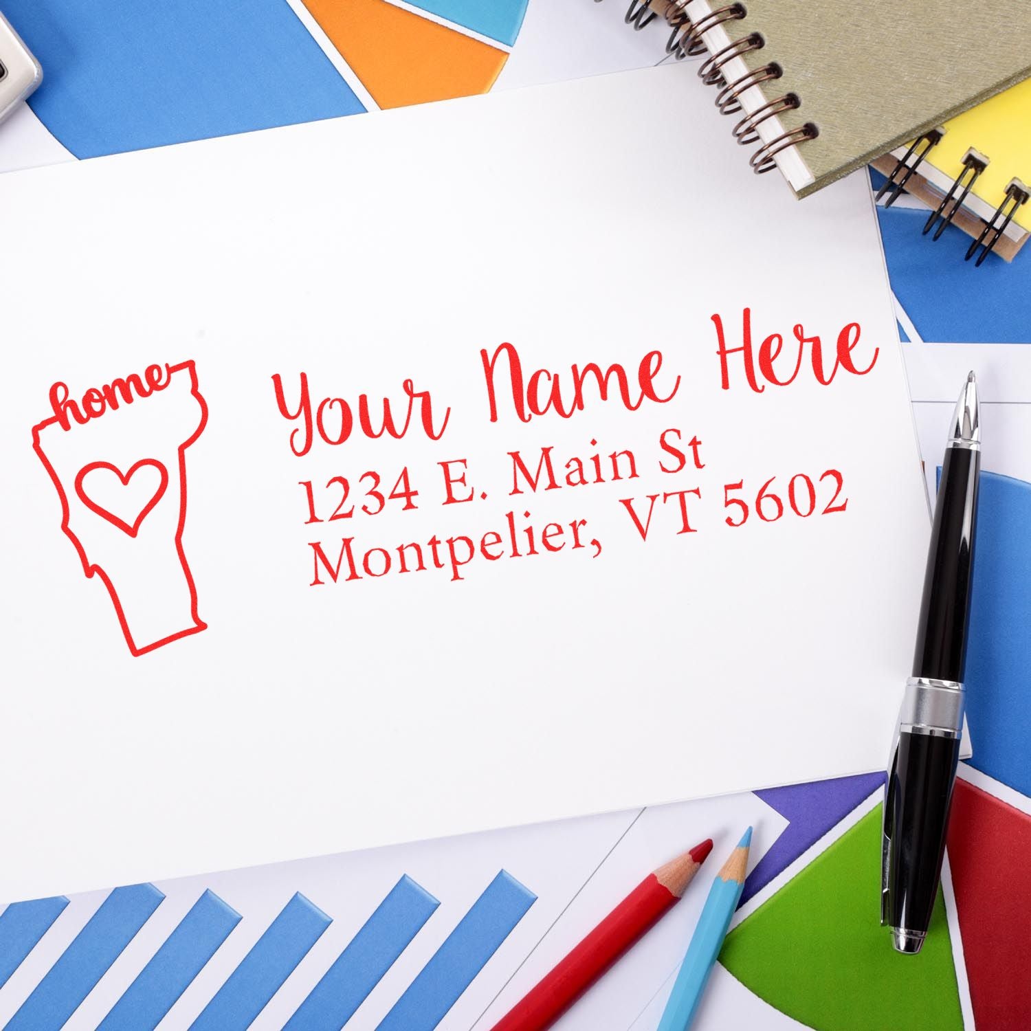 Custom return address rubber stamp with Vermont home icon and personalized name and address for envelopes