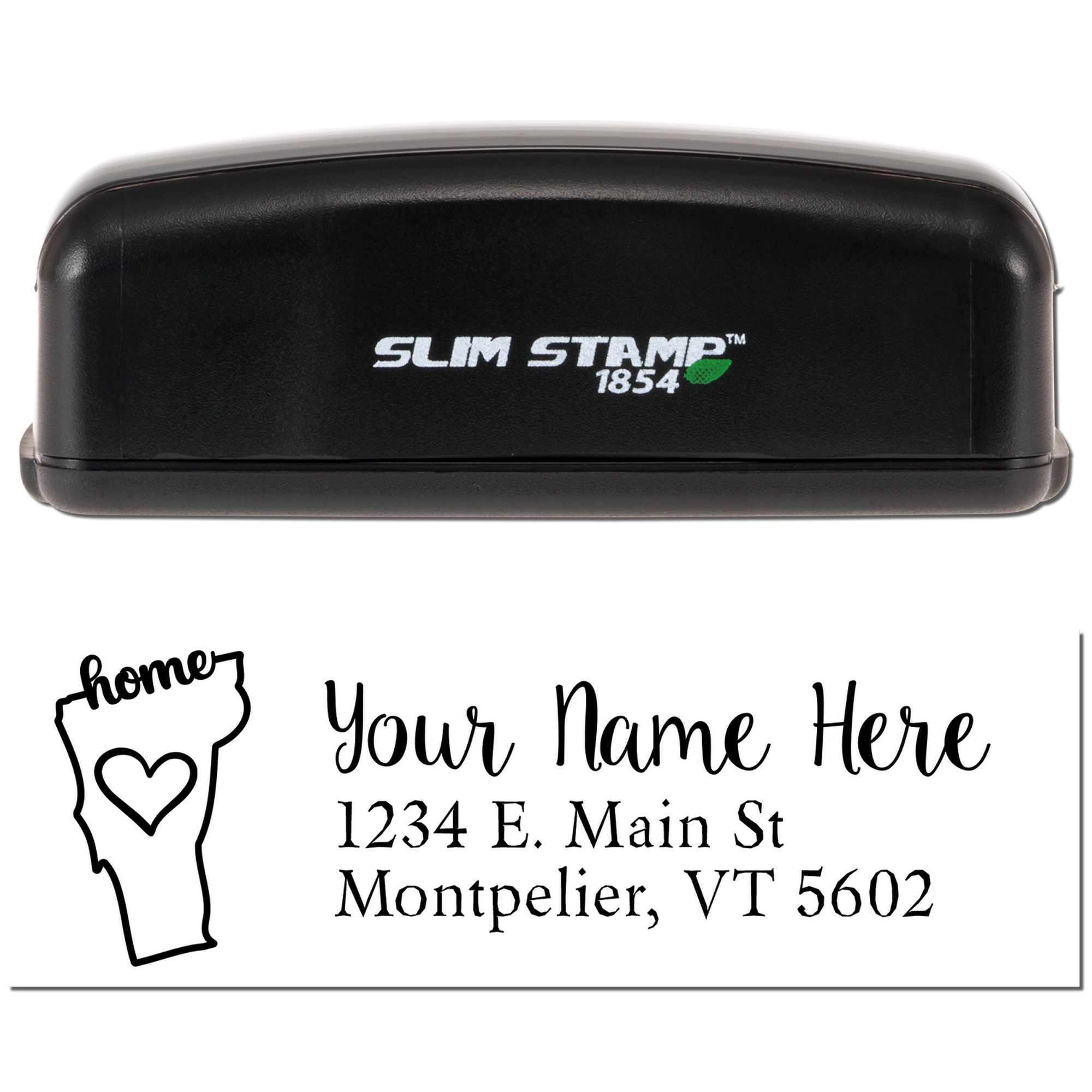 Slim Stamp 1854 self-inking custom return address rubber stamp with personalized home design and sample address imprint.