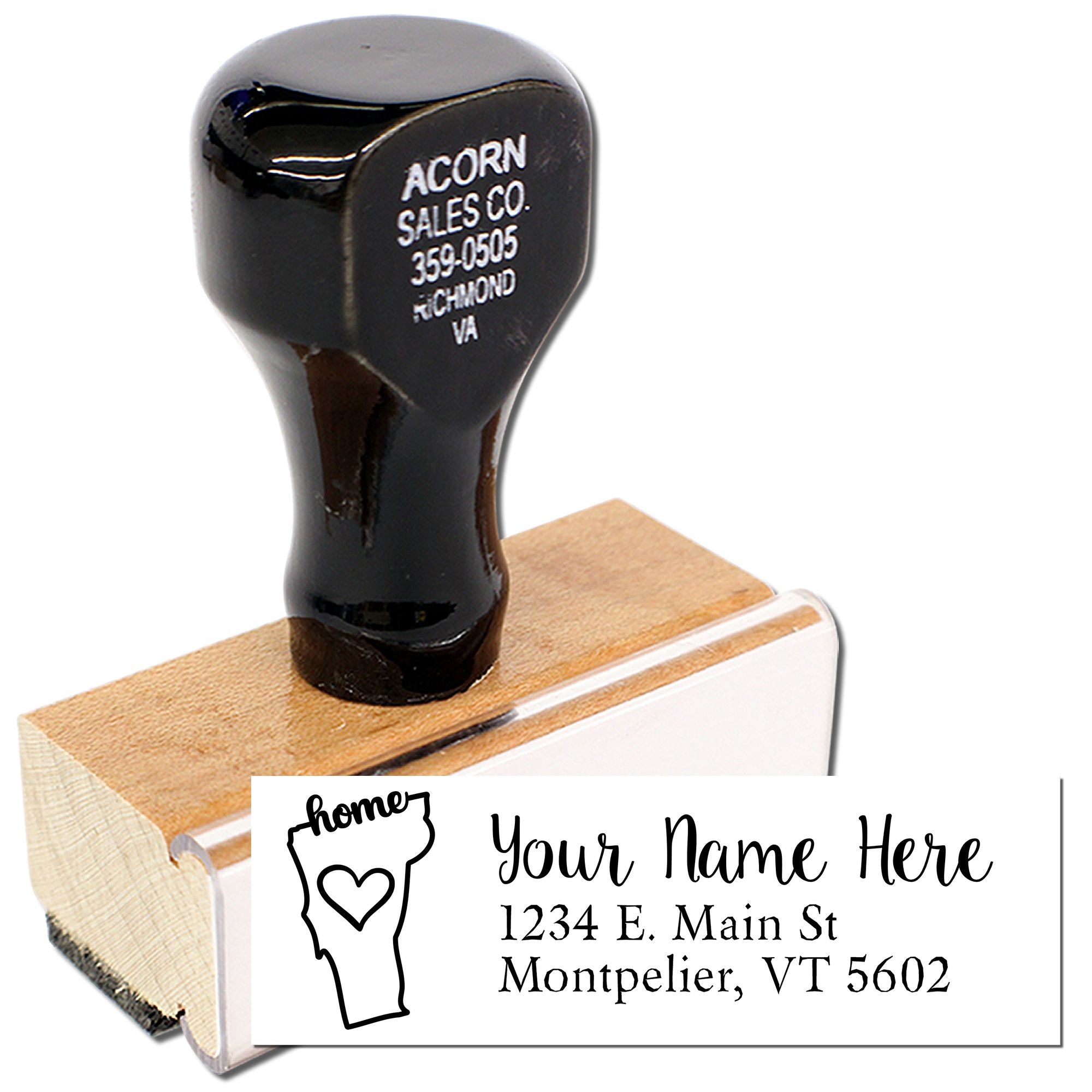 Custom return address rubber stamp with personalized name and home-state design for mailing envelopes.