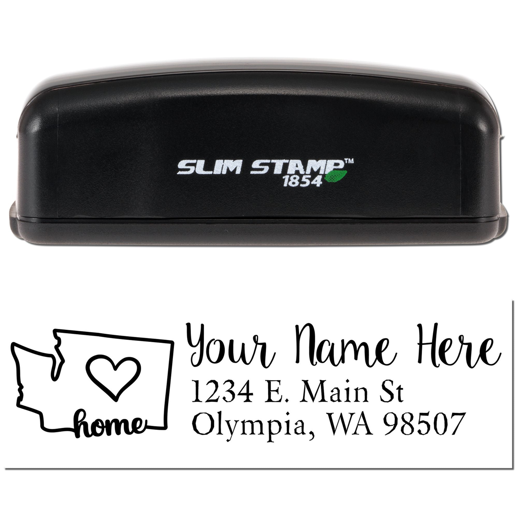 Slim Stamp 1854 self-inking custom address stamp with personalized home design and Washington return address.
