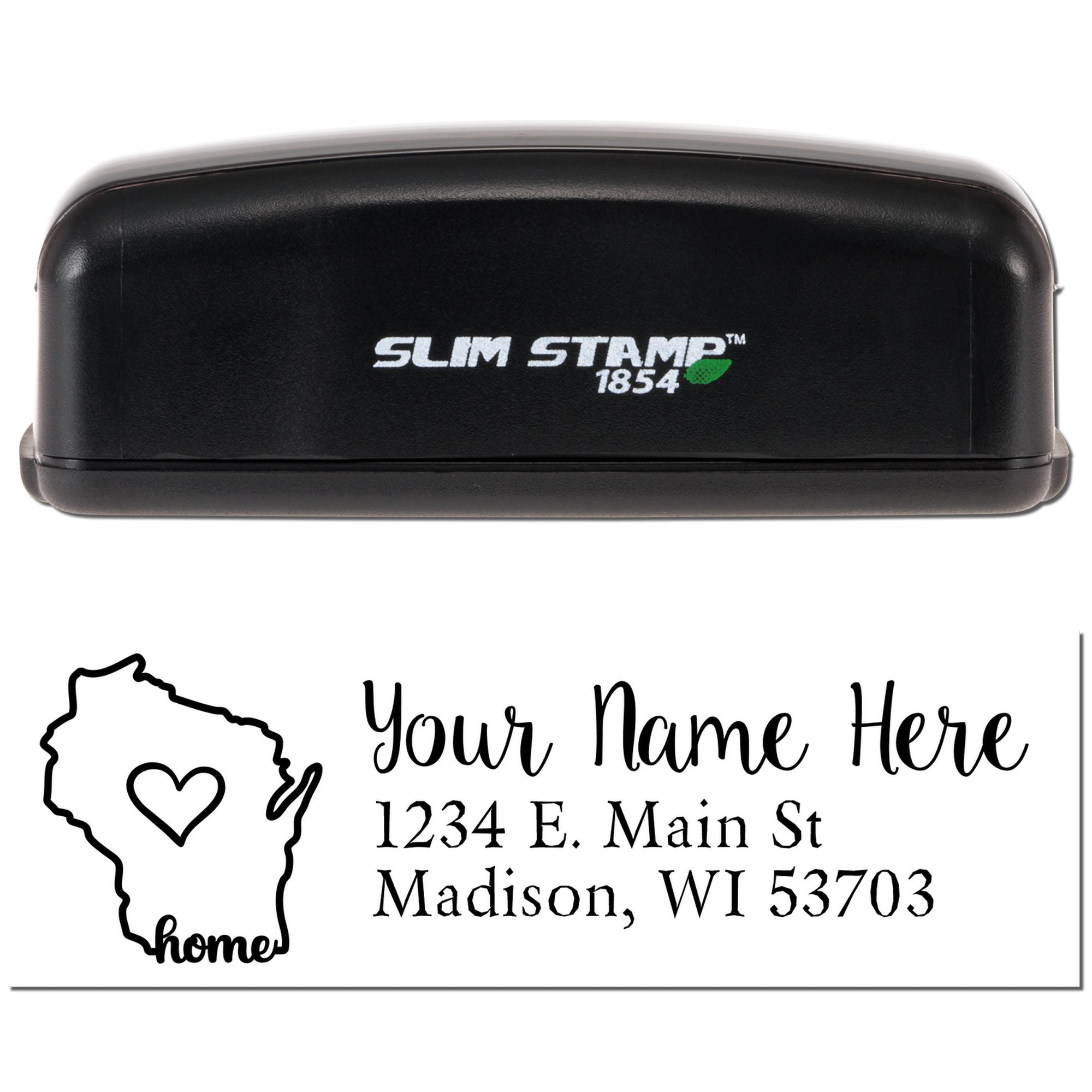 Slim Stamp 1854 custom self-inking rubber stamp for personalized Wisconsin home return address labels.