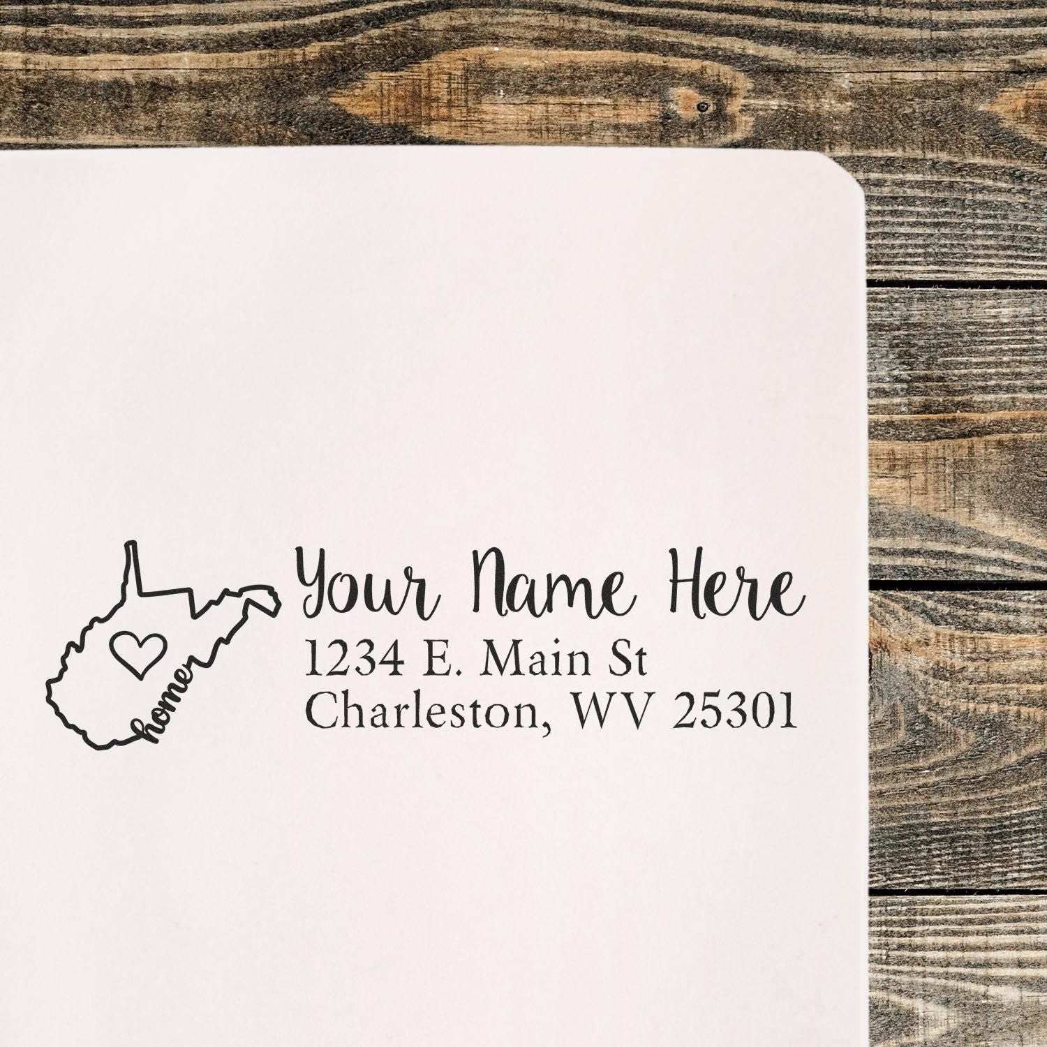 Custom West Virginia address rubber stamp with name and return address for envelopes and wedding stationery