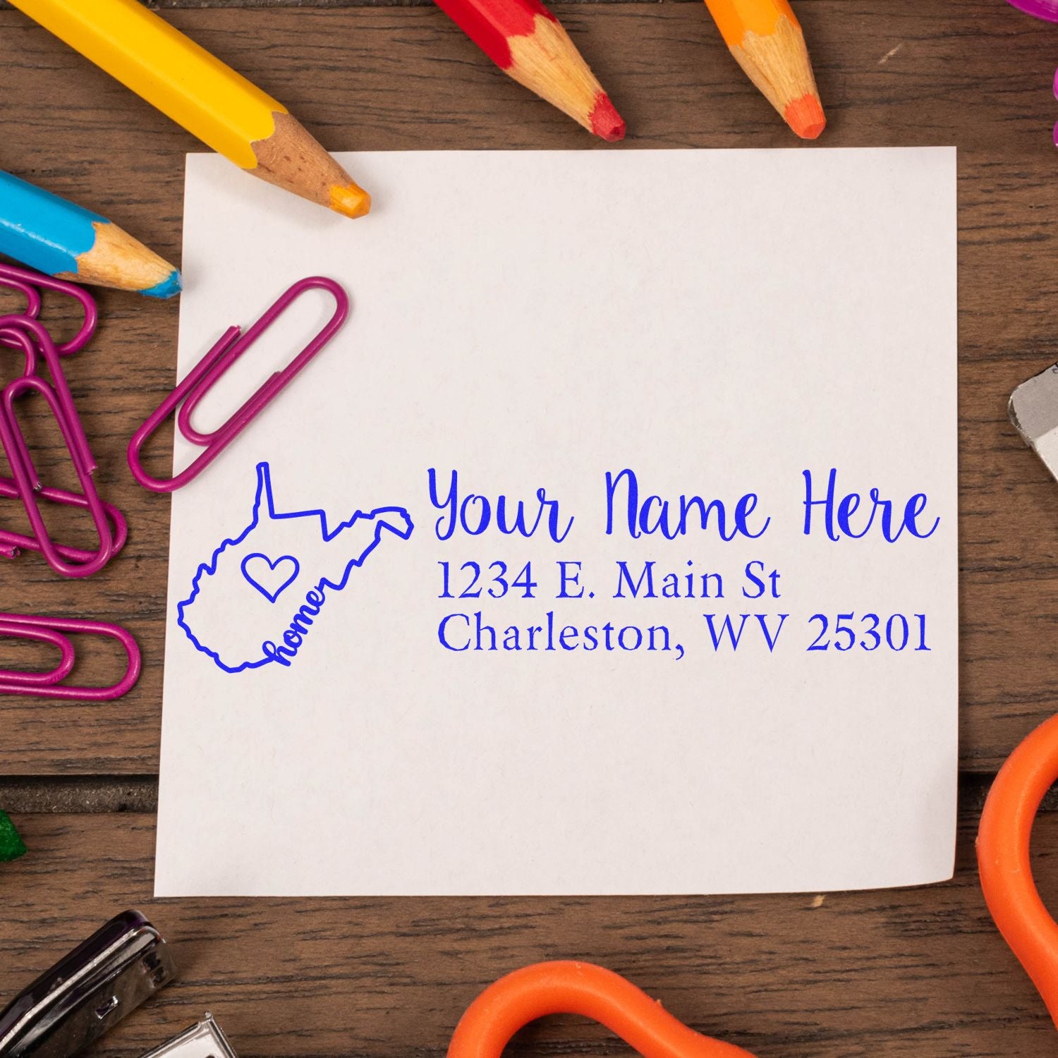 Custom address rubber stamp with West Virginia home design, ideal for personalized mail, envelopes, and stationery.