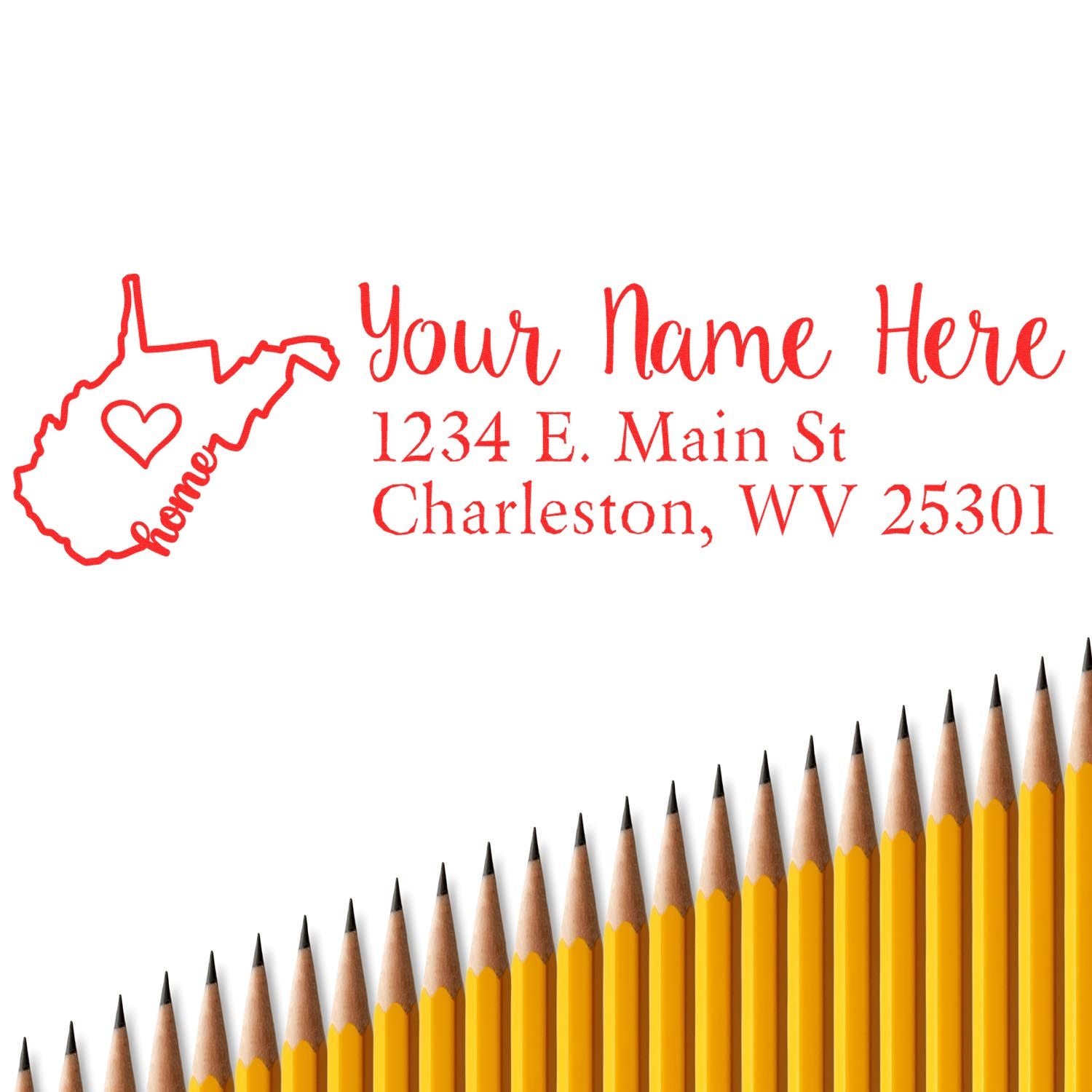 Personalized West Virginia return address rubber stamp with home heart design, name, and custom address.