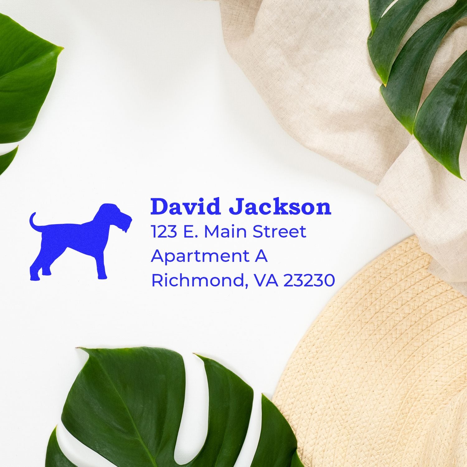 Custom dog silhouette return address stamp for David Jackson, Richmond VA, for personalized mail and packaging.