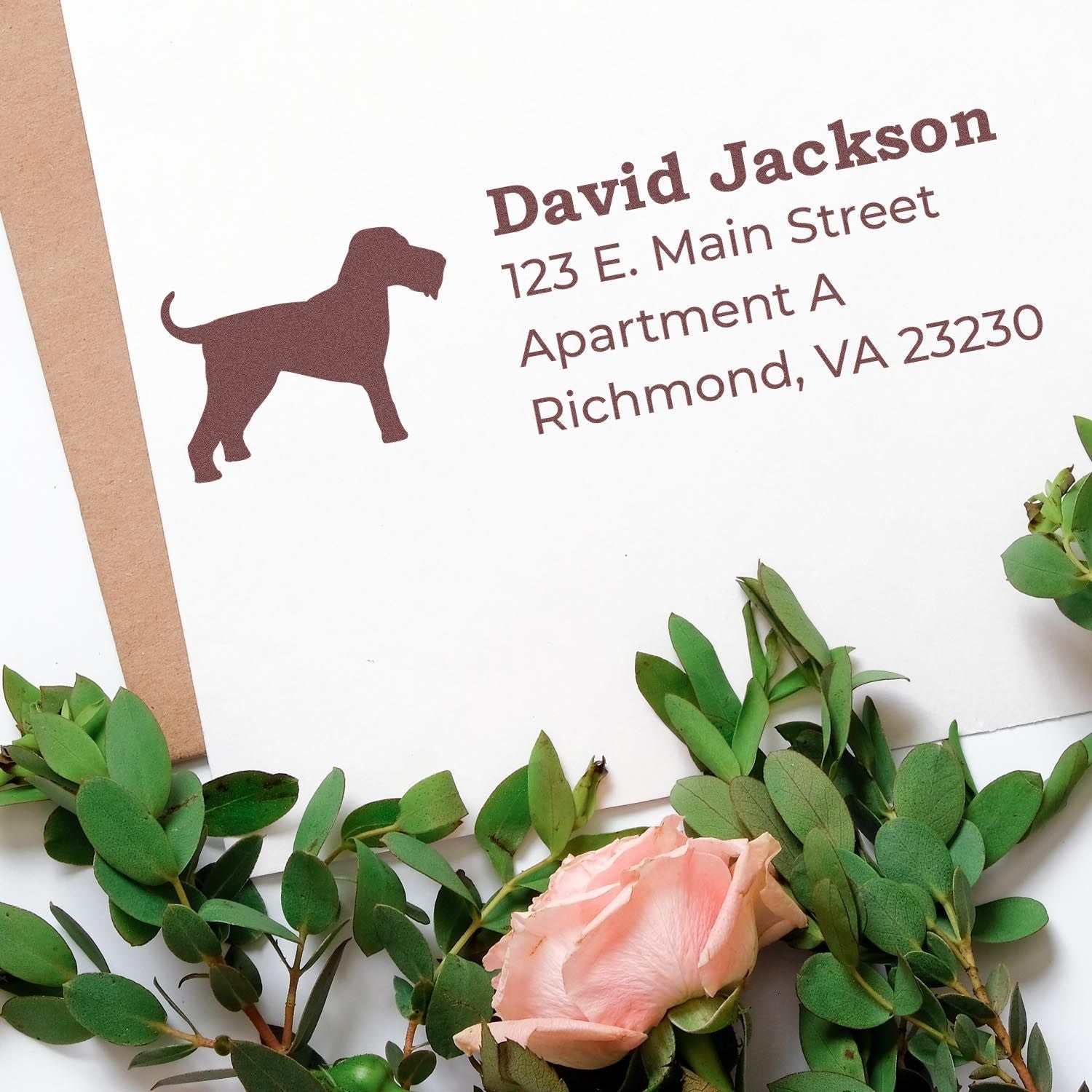 Personalized dog return address rubber stamp with custom name and address for pet lover mailings.