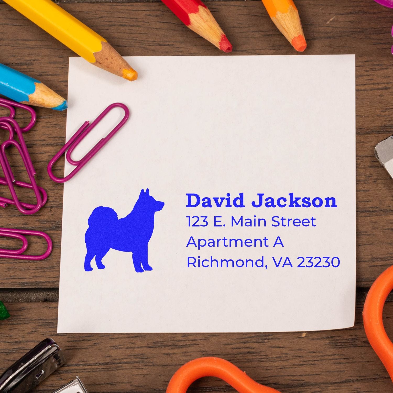 Custom dog return address rubber stamp with name and address, perfect for pet-themed mailing and stationery.