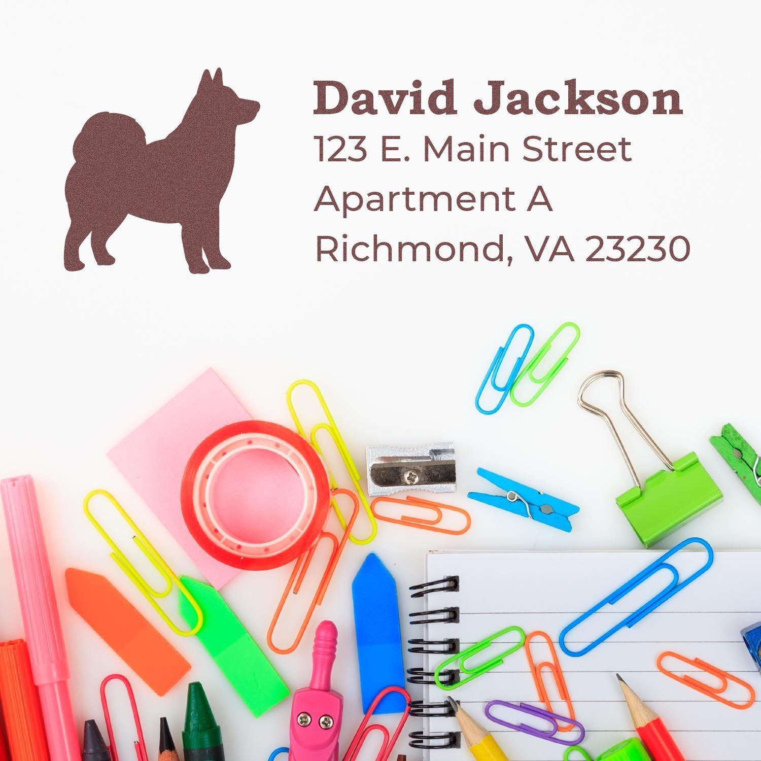 Personalized return address rubber stamp with dog silhouette, David Jackson, Richmond, VA apartment address.