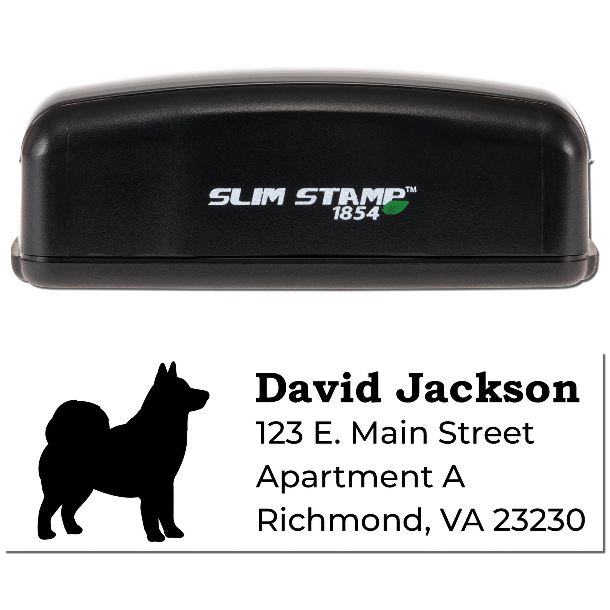 Slim Stamp 1854 self-inking rubber stamp with custom dog return address imprint for David Jackson, Richmond, VA 23230.