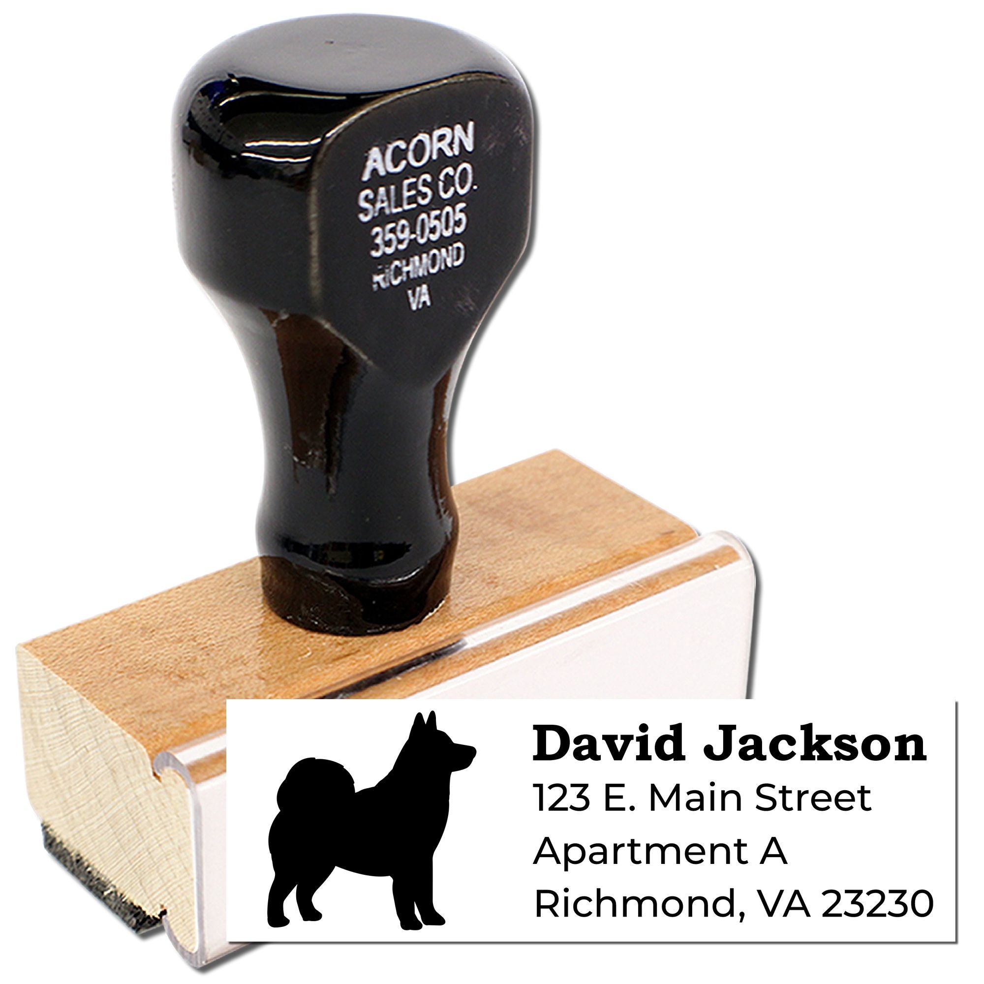 Custom dog address rubber stamp with personalized name and Richmond, VA mailing details for pet owners.