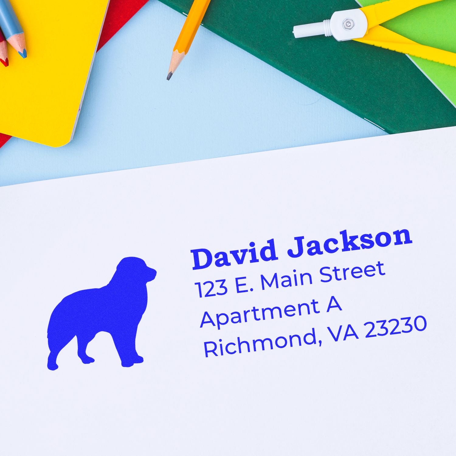 Custom rubber address stamp with dog logo for mailing labels, featuring David Jackson, Richmond, VA.