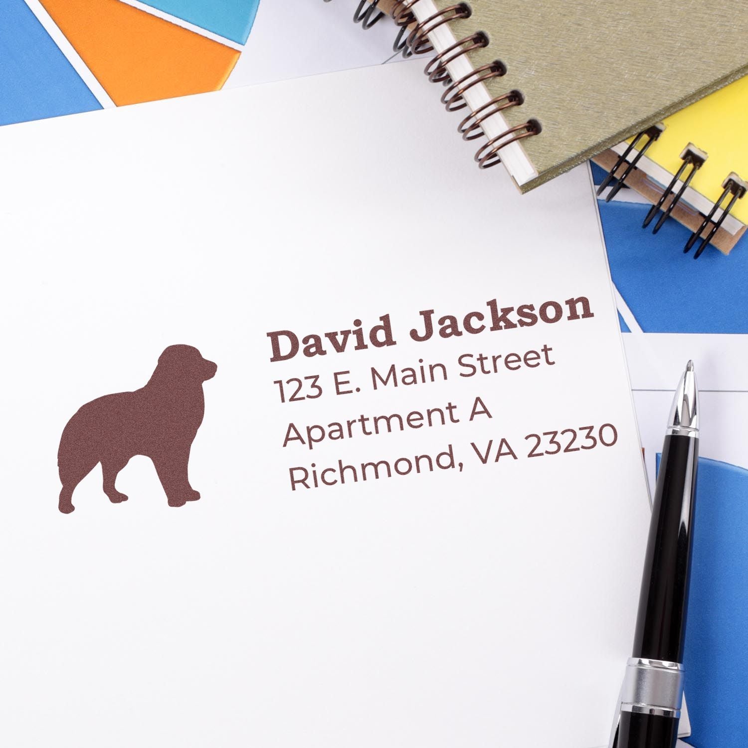 Custom return address rubber stamp with dog logo for David Jackson, Richmond, VA.