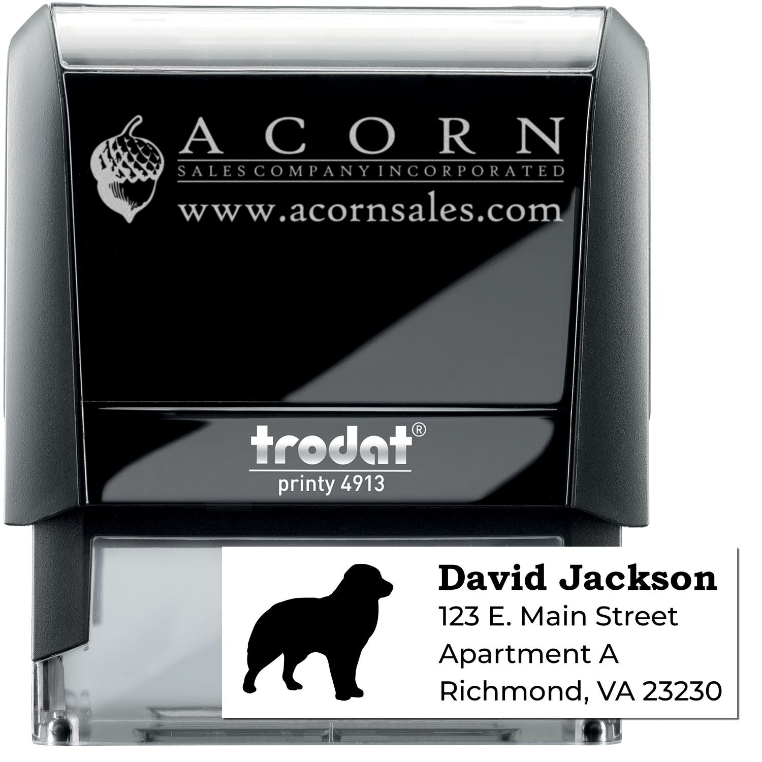 Custom self-inking rubber stamp with return address and dog silhouette, ideal for personalized mailing and business branding.