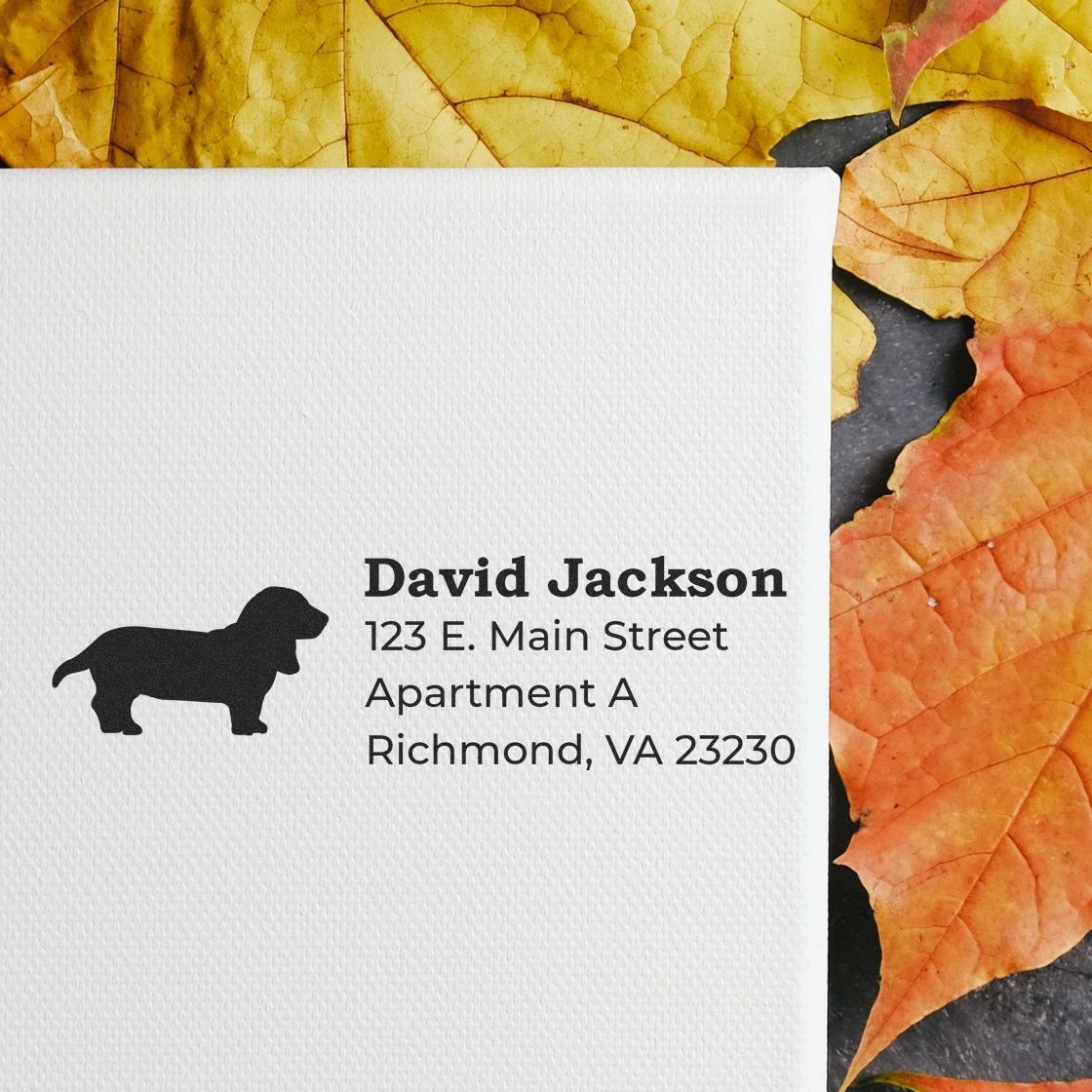 Custom return address rubber stamp with dachshund icon for pet owners, featuring name and Richmond, VA mailing address.