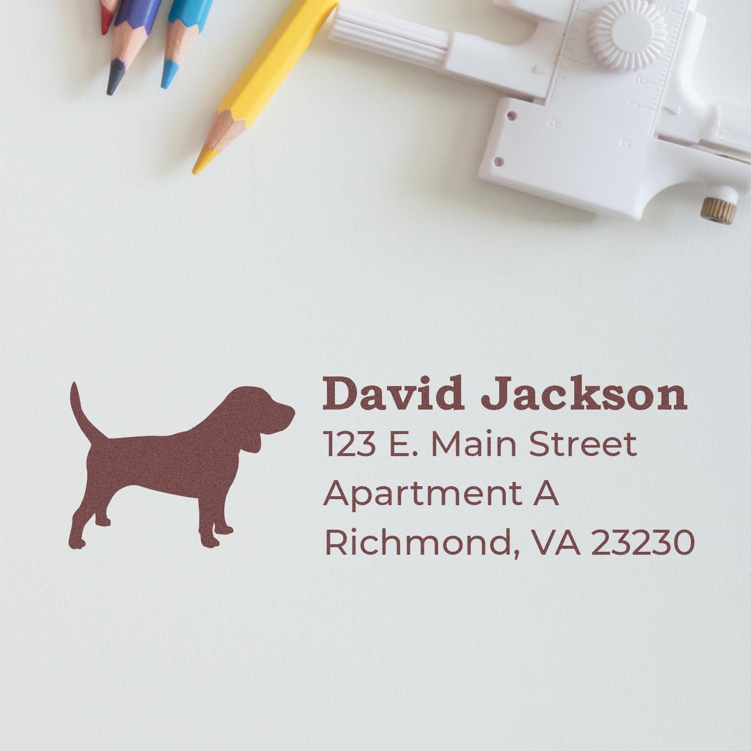 Custom dog return address rubber stamp for pet mail, featuring a dog silhouette and personalized address layout.
Personalized dog address rubber stamp with custom name and mailing address for pet owners.
Custom return address stamp with dog silhouette for personalized pet owner mailing labels.