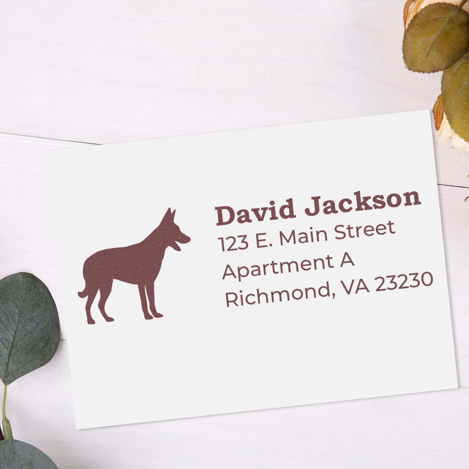 Custom return address rubber stamp with dog silhouette, personalized name and address for mailing.