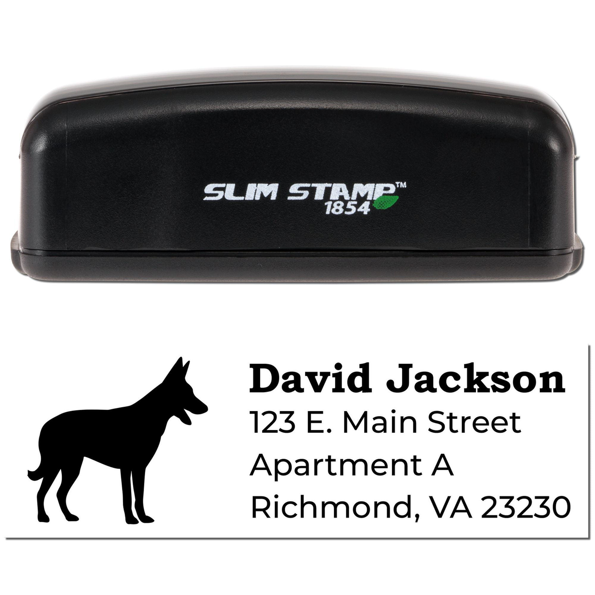 Slim Stamp custom address rubber stamp with dog logo for David Jackson, 123 E. Main Street, Apartment A, Richmond, VA 23230.