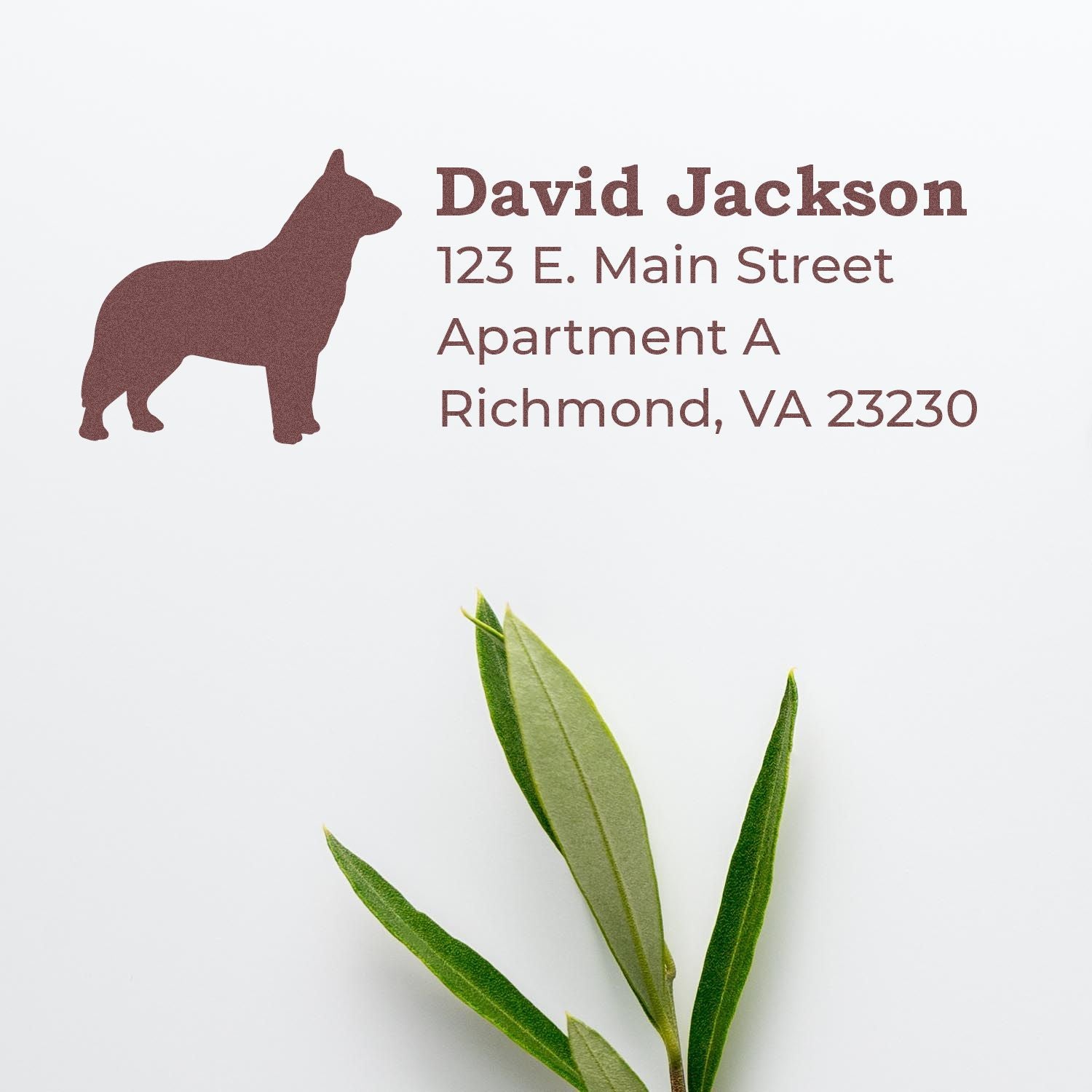 Custom dog silhouette return address rubber stamp for David Jackson, 123 E. Main St., Richmond, VA 23230