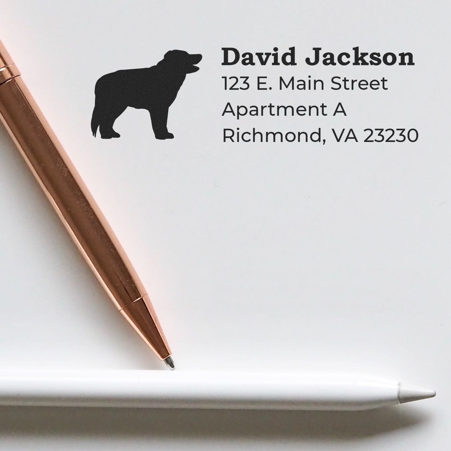 Custom return address rubber stamp with bear silhouette, personalized name and address on paper.