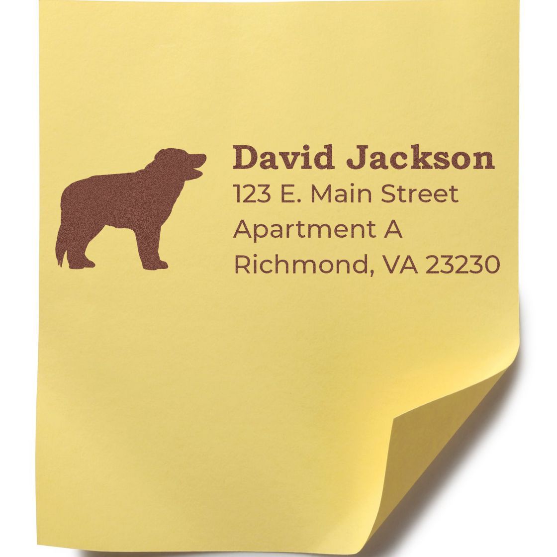 Personalized rubber return address stamp with dog silhouette for David Jackson, Richmond, VA.
