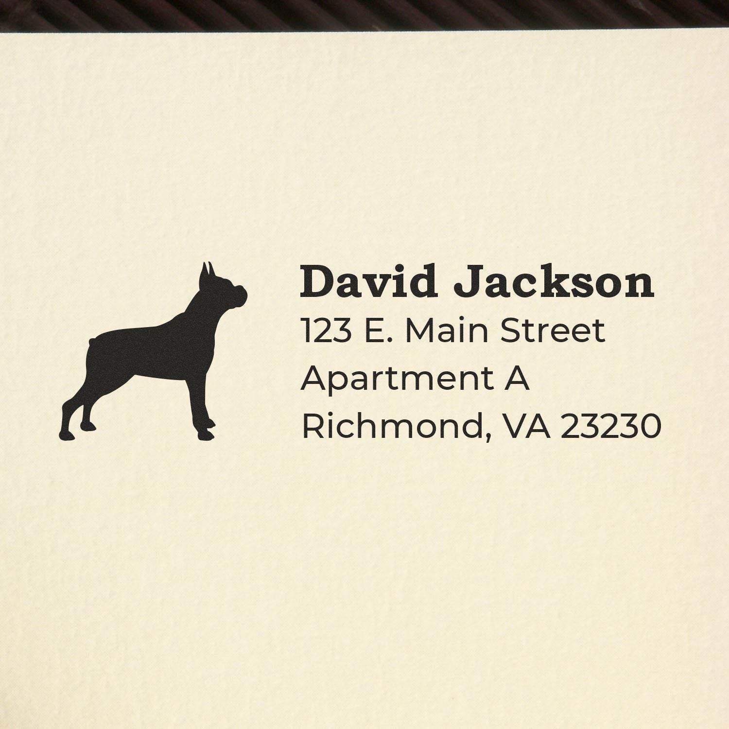 Custom rubber address stamp with dog silhouette for David Jackson, Richmond, VA 23230.