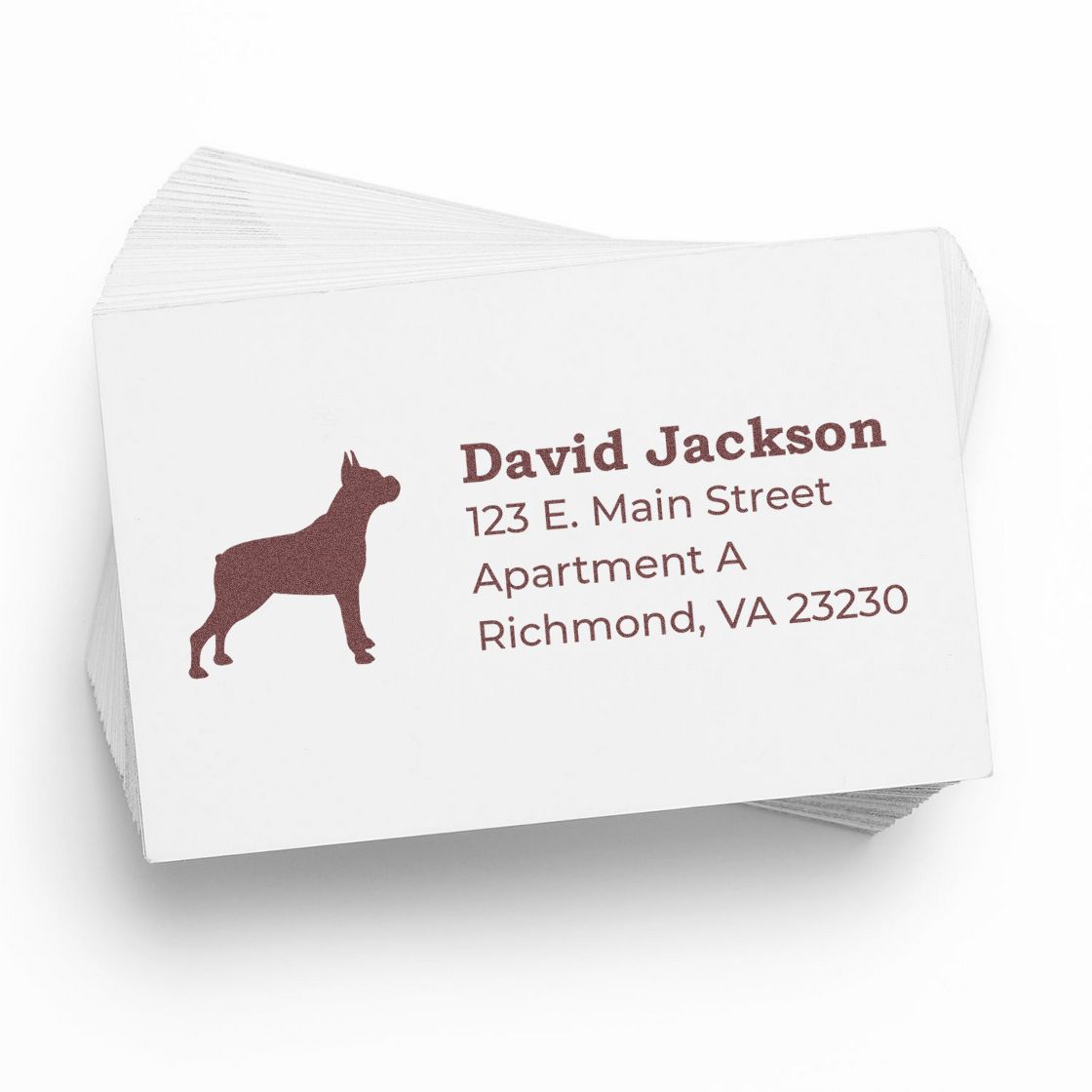 Custom dog return address rubber stamp with name, mailing address, and dog silhouette design