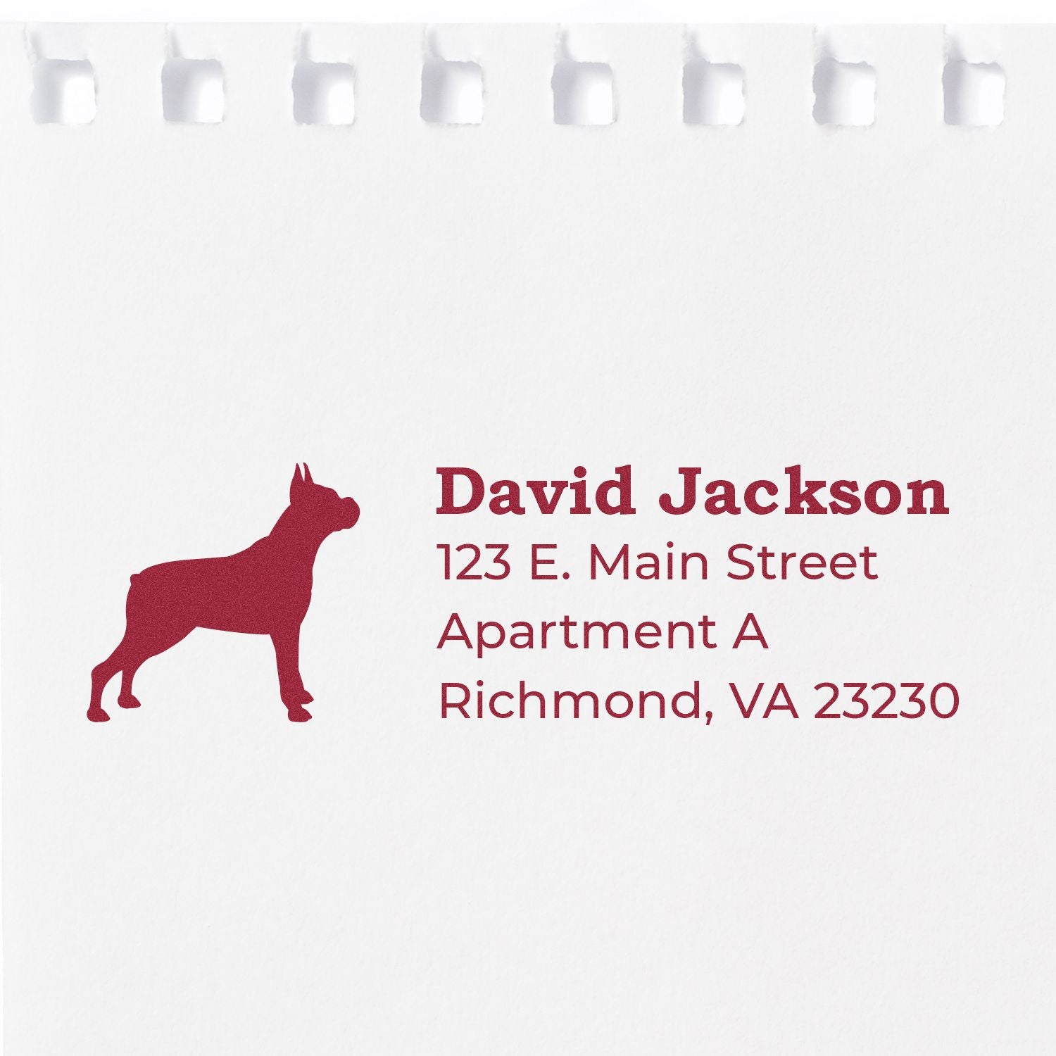 Custom rubber return address stamp with dog silhouette for David Jackson, 123 E. Main Street Apt A, Richmond, VA 23230