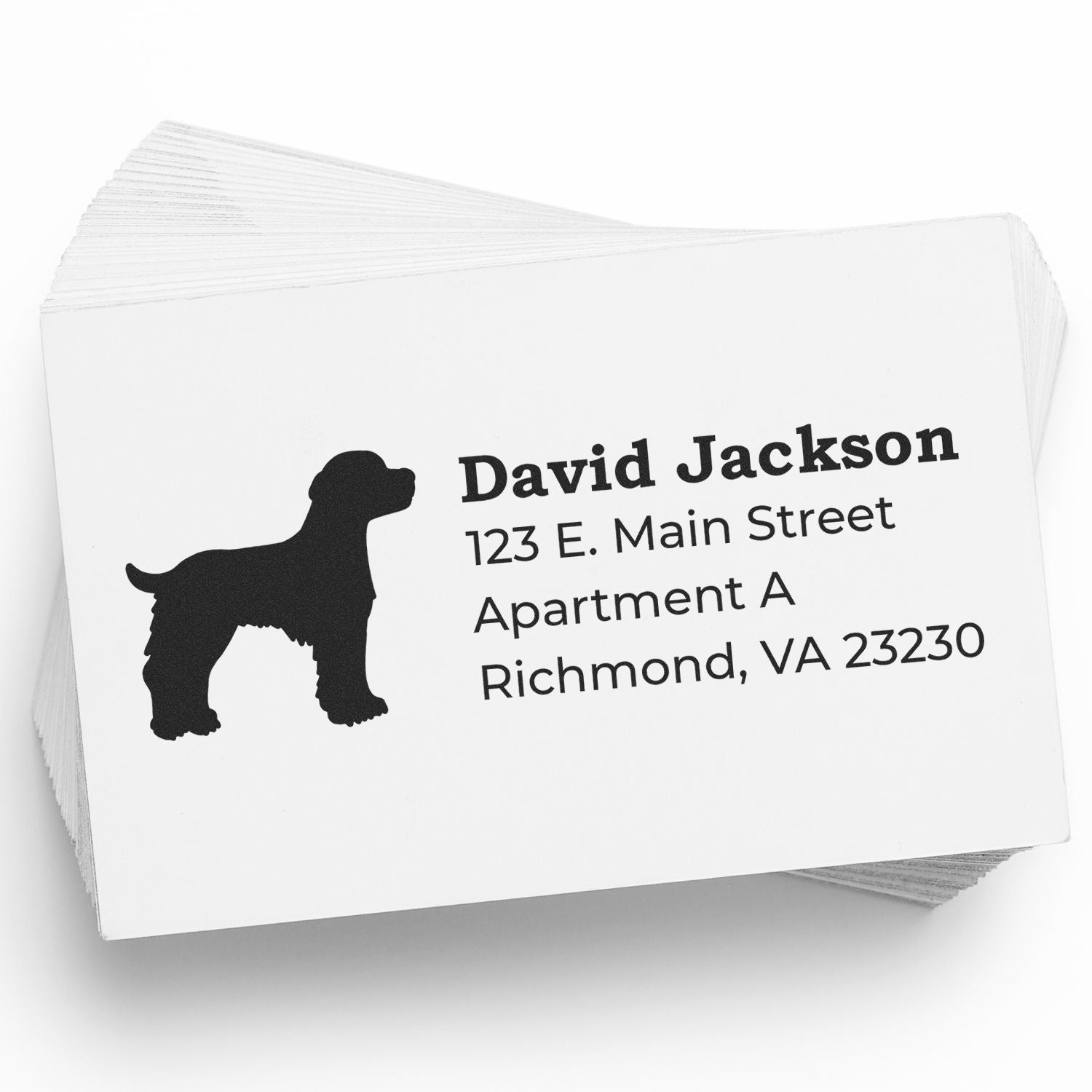Custom dog address rubber stamp with name and mailing address for personalized envelopes and pet-themed correspondence.