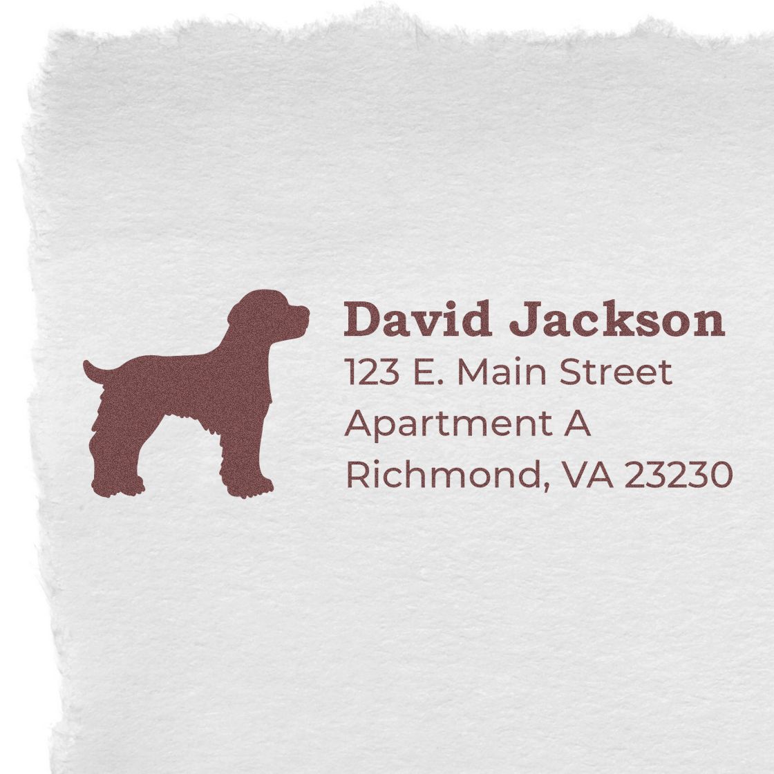 Custom dog return address rubber stamp for David Jackson, 123 E. Main Street, Richmond, VA 23230.