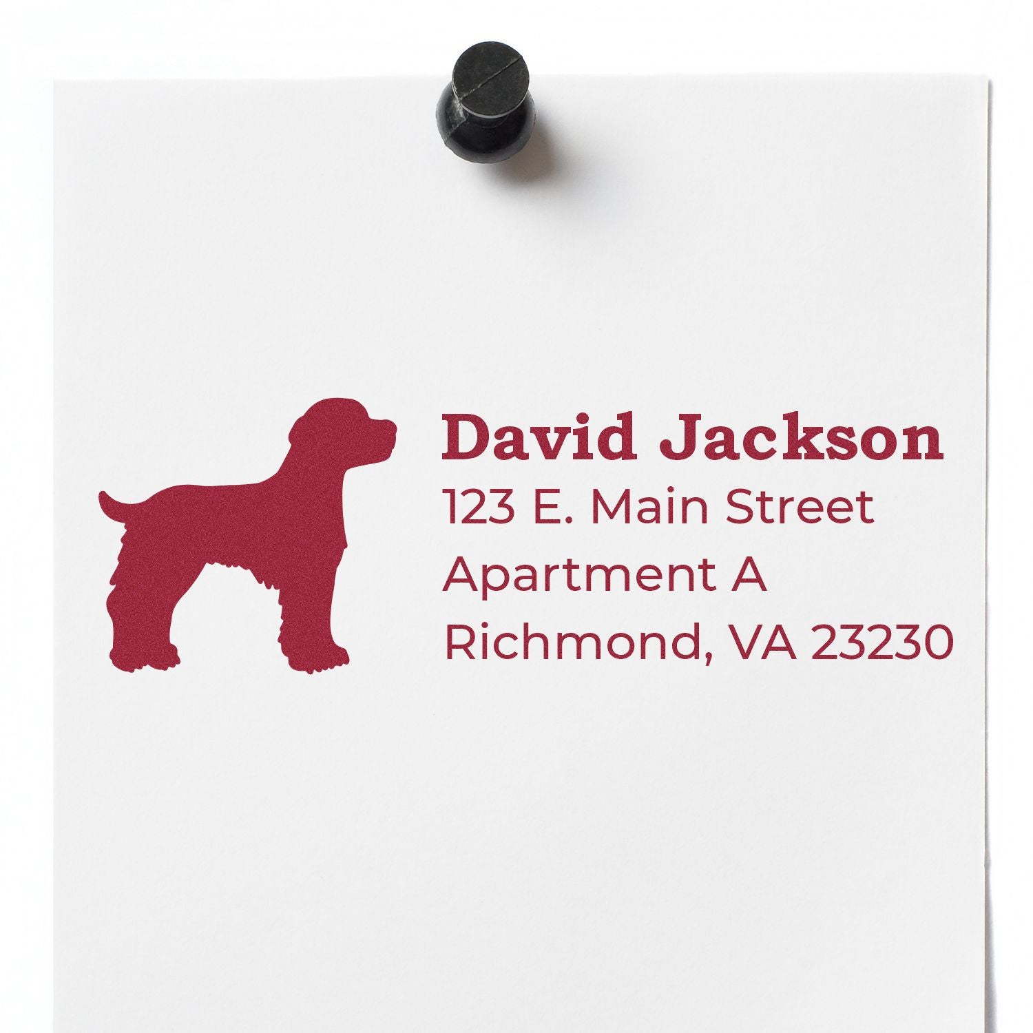 Custom dog return address rubber stamp with personalized name and mailing address for pet lovers and home correspondence.
