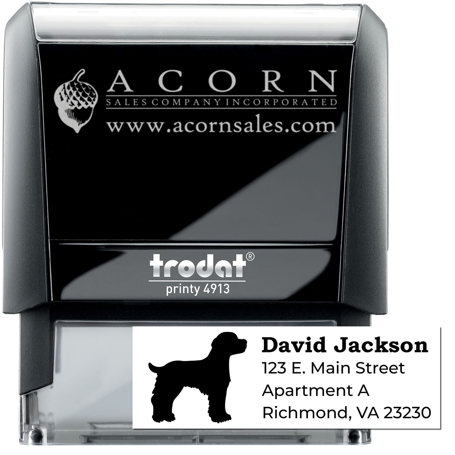 Custom self-inking rubber stamp with logo and return address, Trodat Printy 4913 for business mailing and branding.
