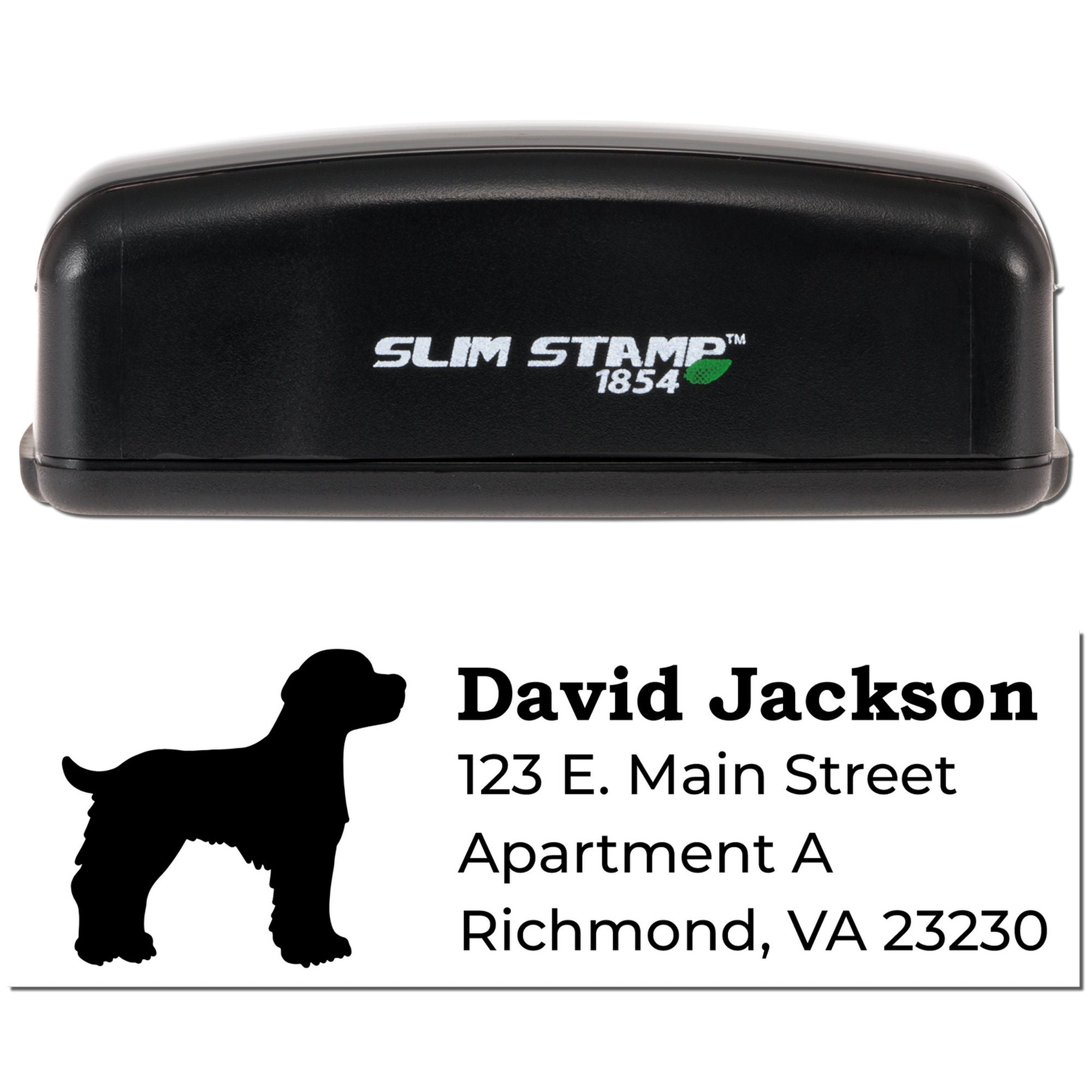 Slim Stamp 1854 custom self-inking rubber address stamp with dog silhouette and personalized return address.