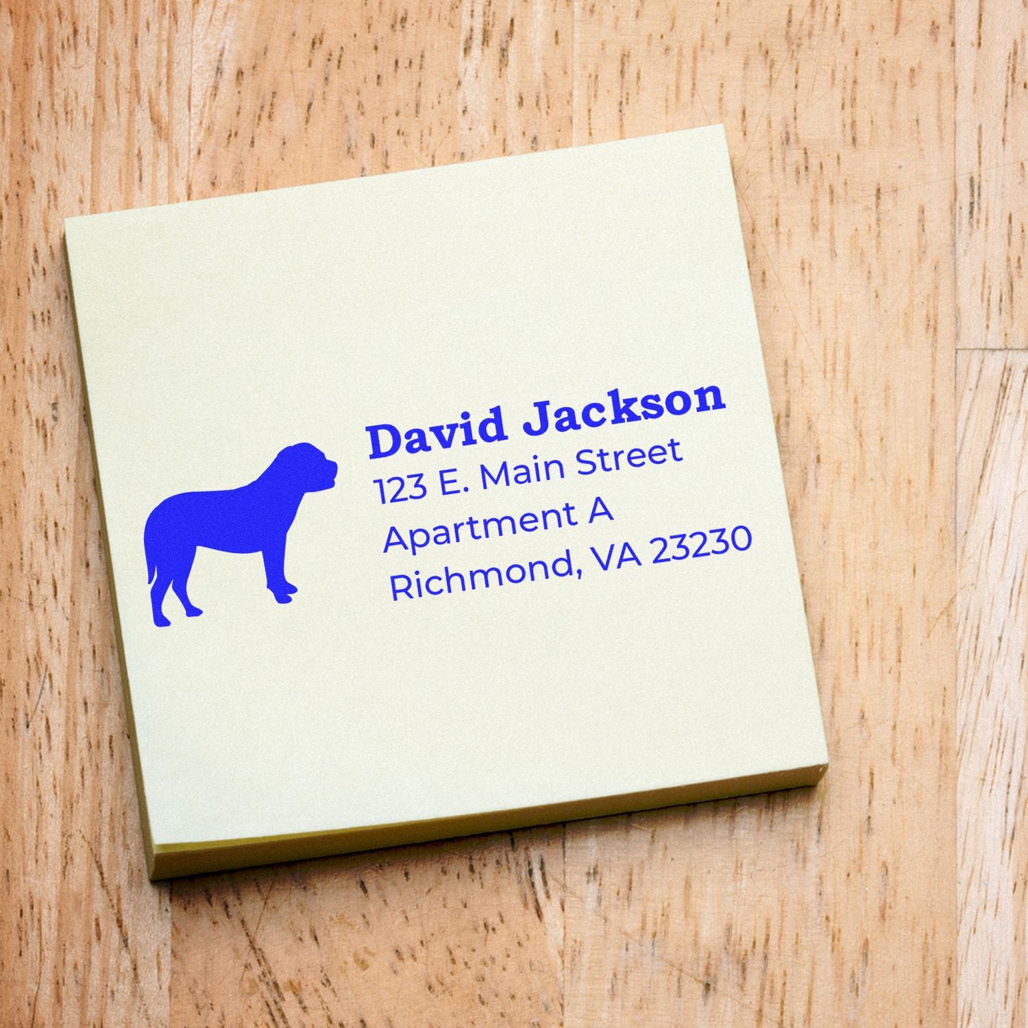 Custom address rubber stamp with dog logo for David Jackson, 123 E. Main Street, Richmond, VA 23230.