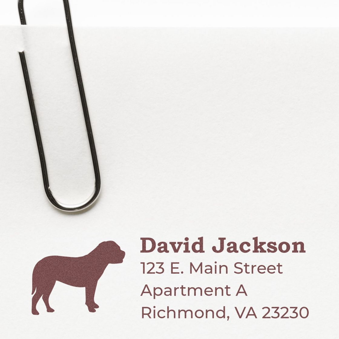Personalized dog return address rubber stamp with name, street address, and Richmond, VA 23230 for mailing.