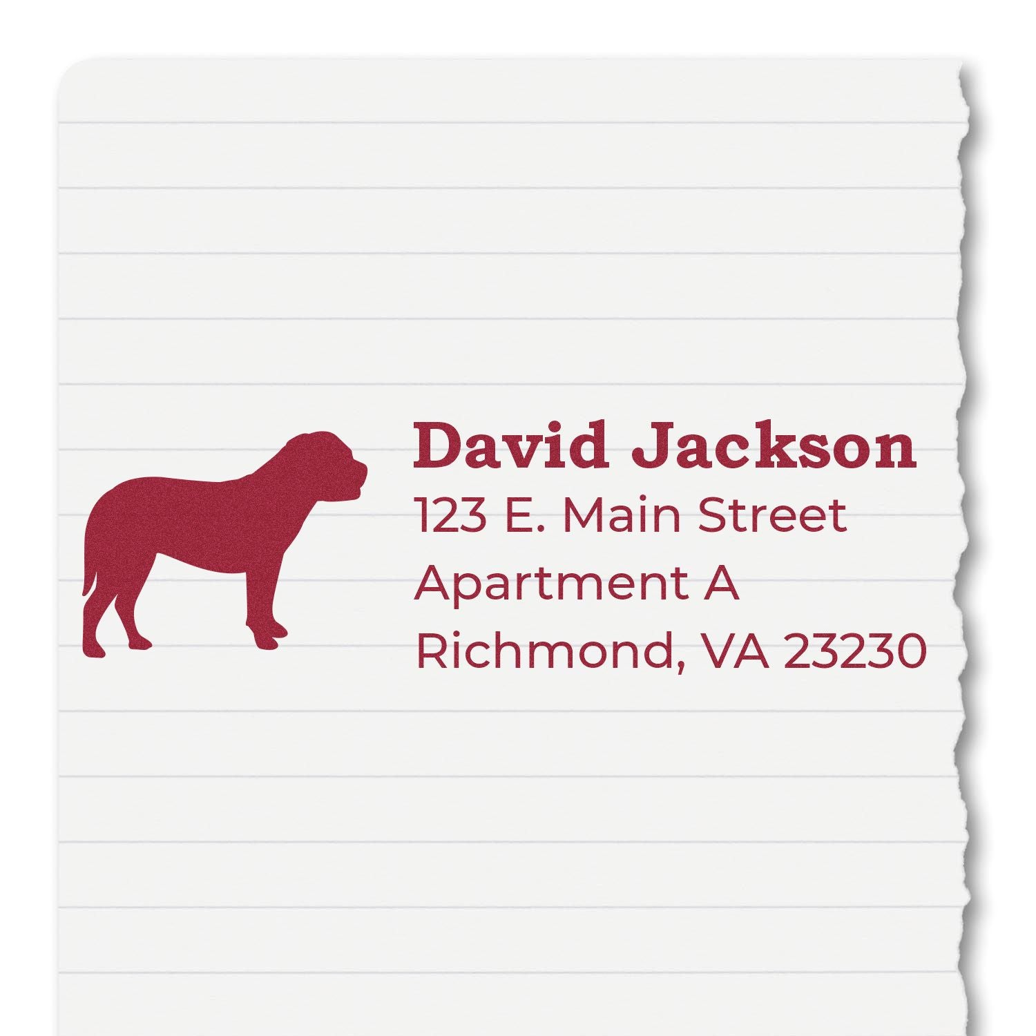 Custom dog return address rubber stamp with name, Richmond VA apartment address, for envelopes and mailing labels.