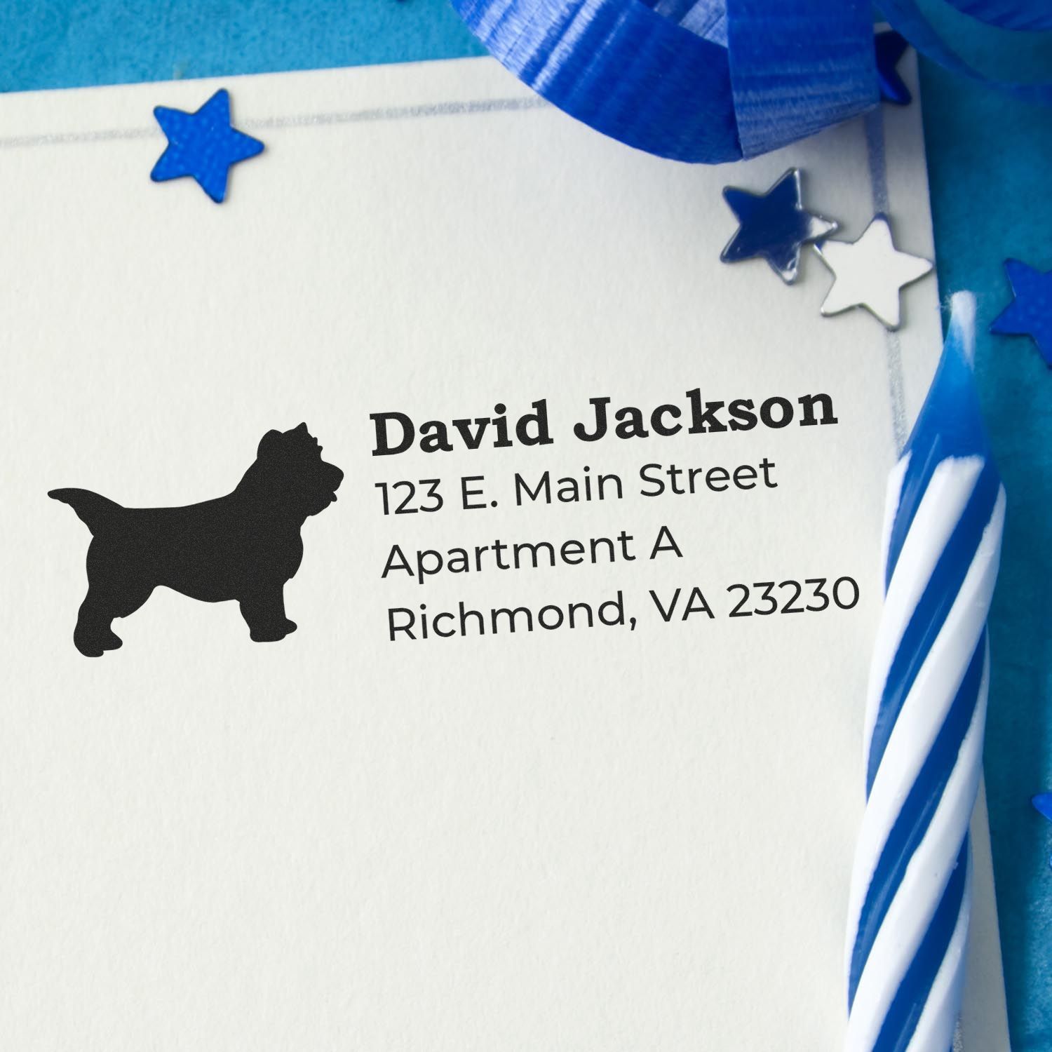 Personalized dog return address rubber stamp on envelope with name and address for custom mailings.