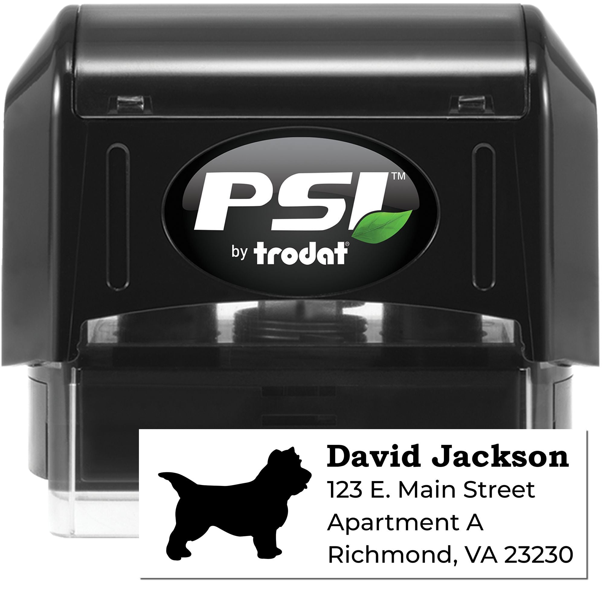 Custom self-inking rubber address stamp by PSI Trodat with dog silhouette and Richmond, VA return address.