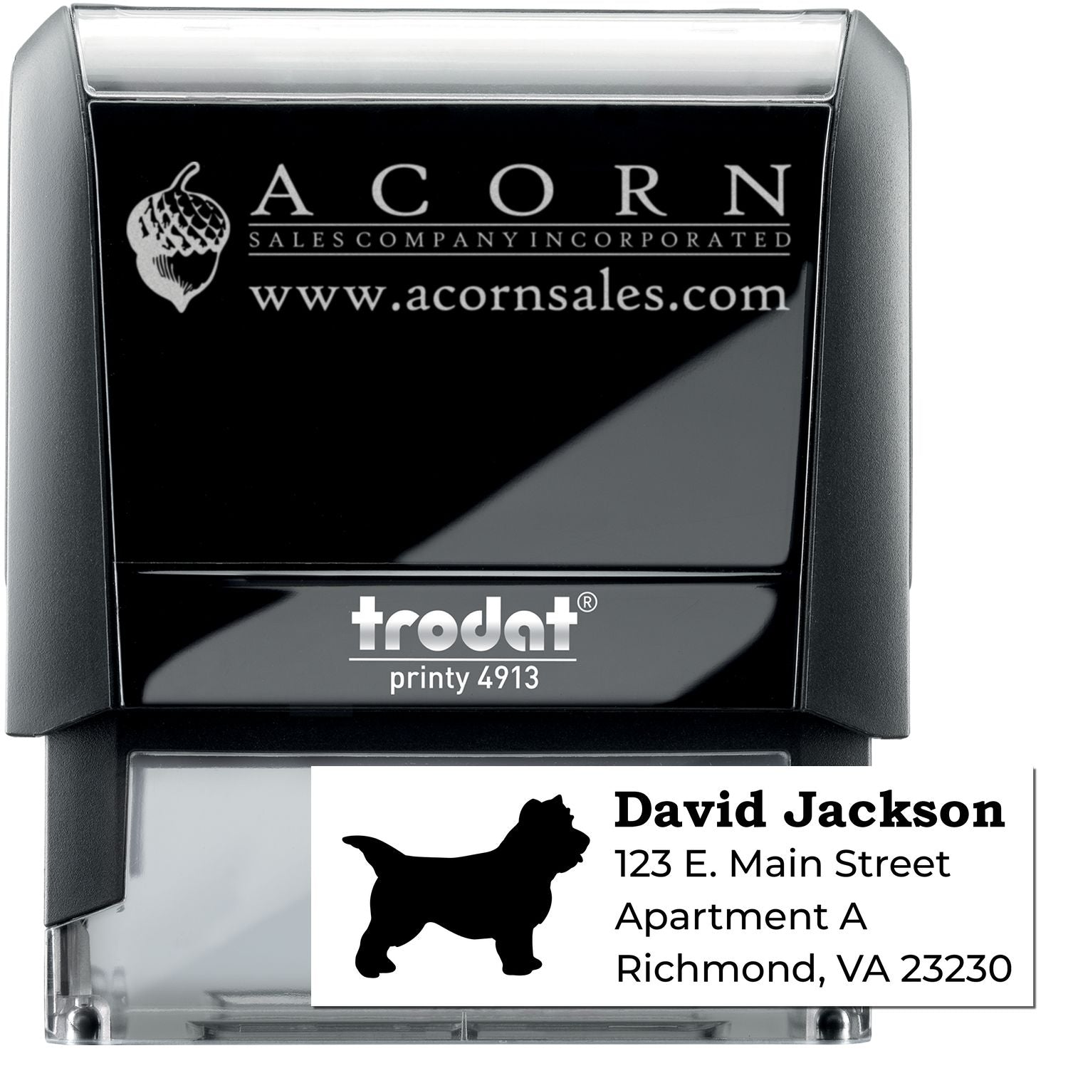 Custom self-inking rubber stamp with logo and return address, Trodat Printy 4913 personalized business address stamp.